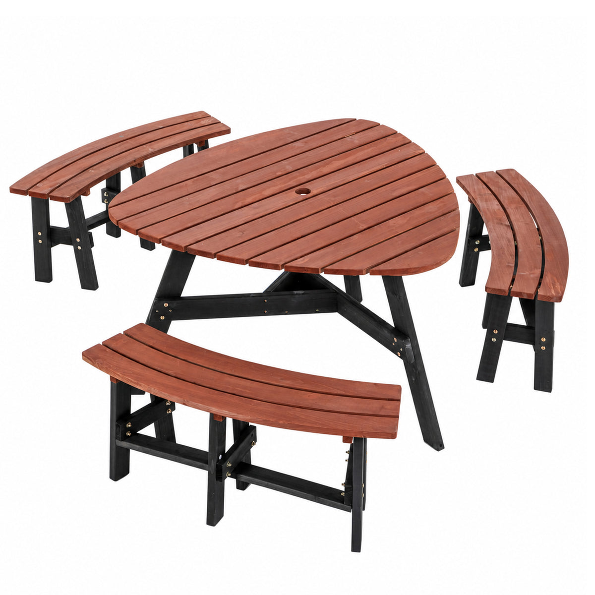 Brown Solid Wood Semi-Circular Picnic Table for 6 with Umbrella Hole