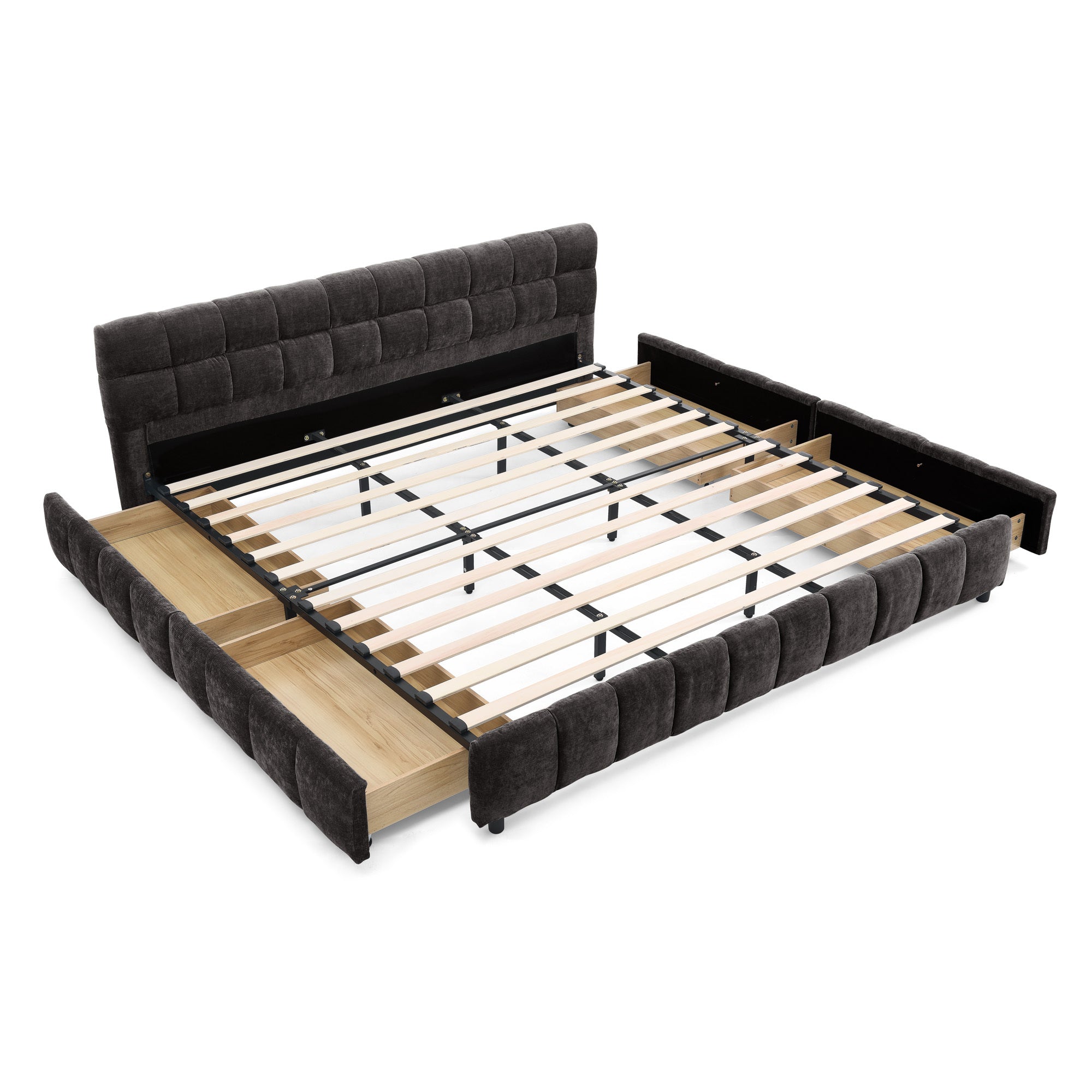 Front-facing view of California King chenille bed frame on white background