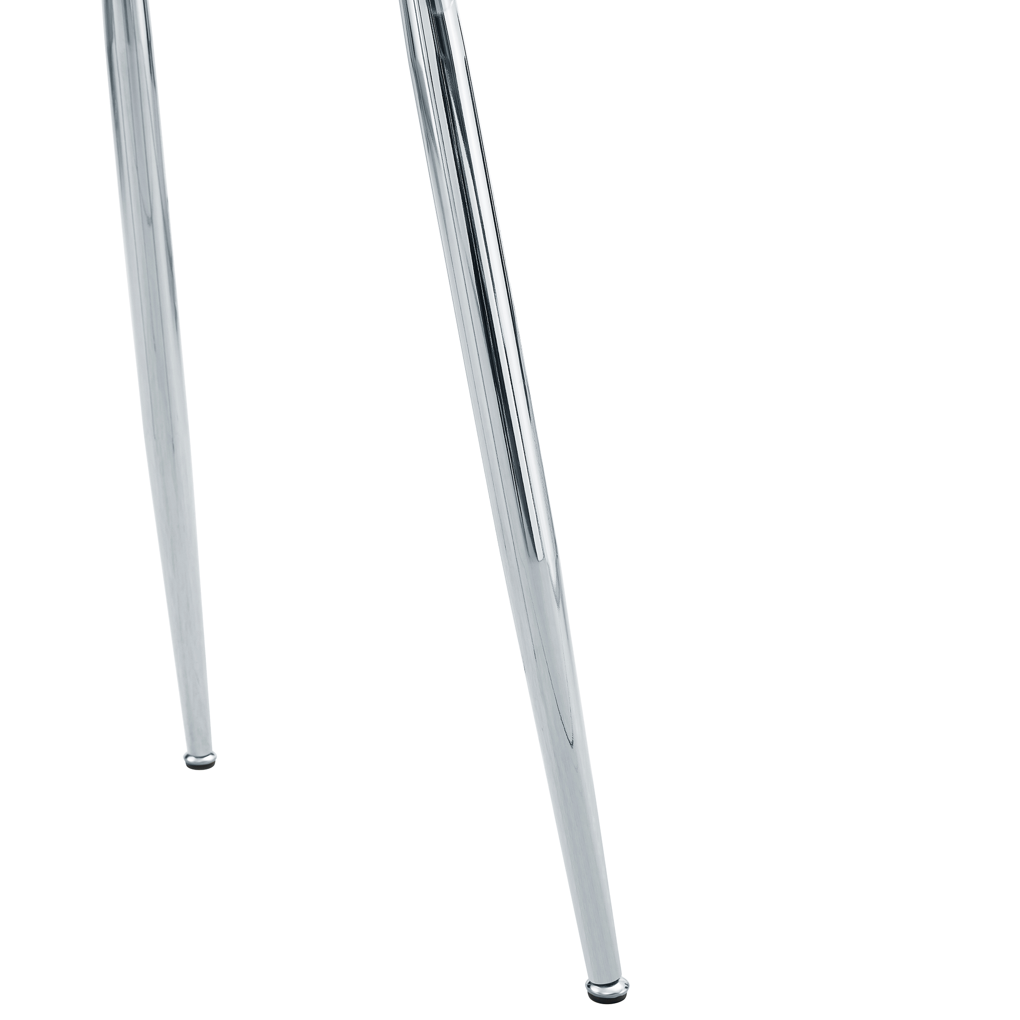 Studio close-up of two chrome tapered legs of the glass dining table