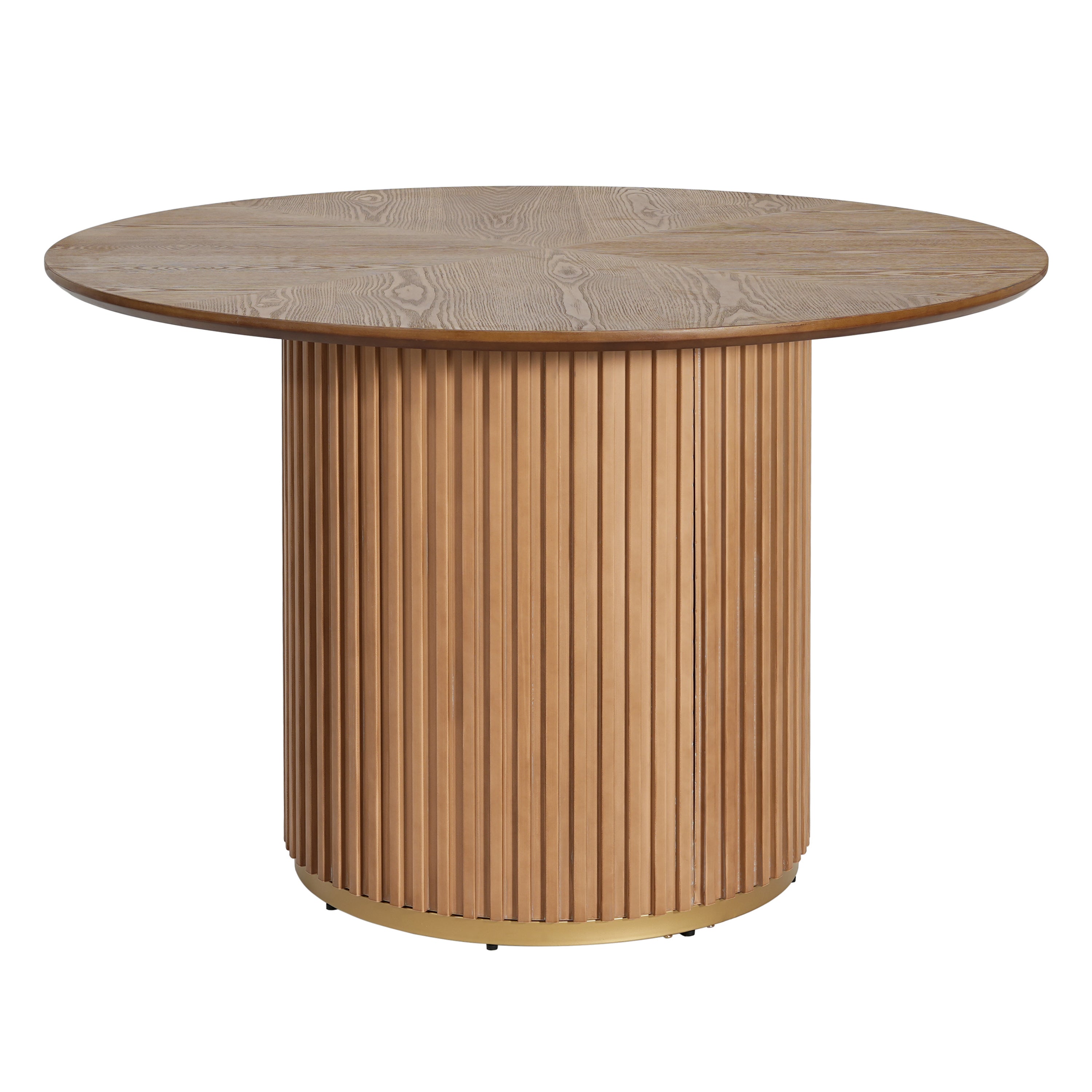 Round natural oak pedestal dining table on white background, slightly raised front view