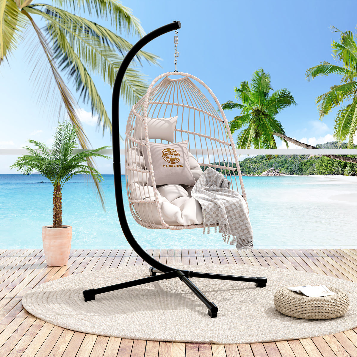 White Wicker Folding Hanging Egg Chair with Stand
