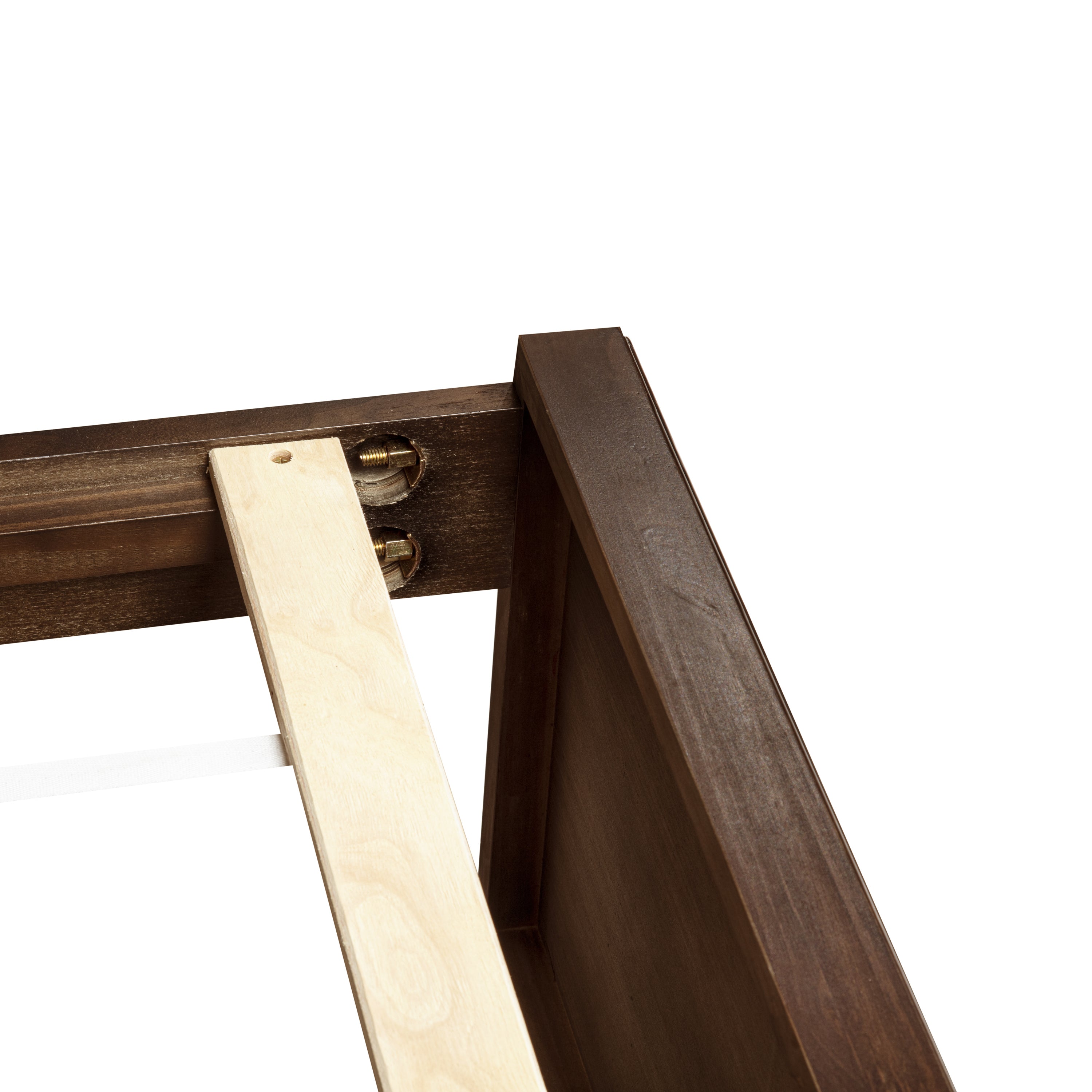 Closeup of rich brown bed frame corner joint with bolt hardware and wood slat #Color_Rich Brown