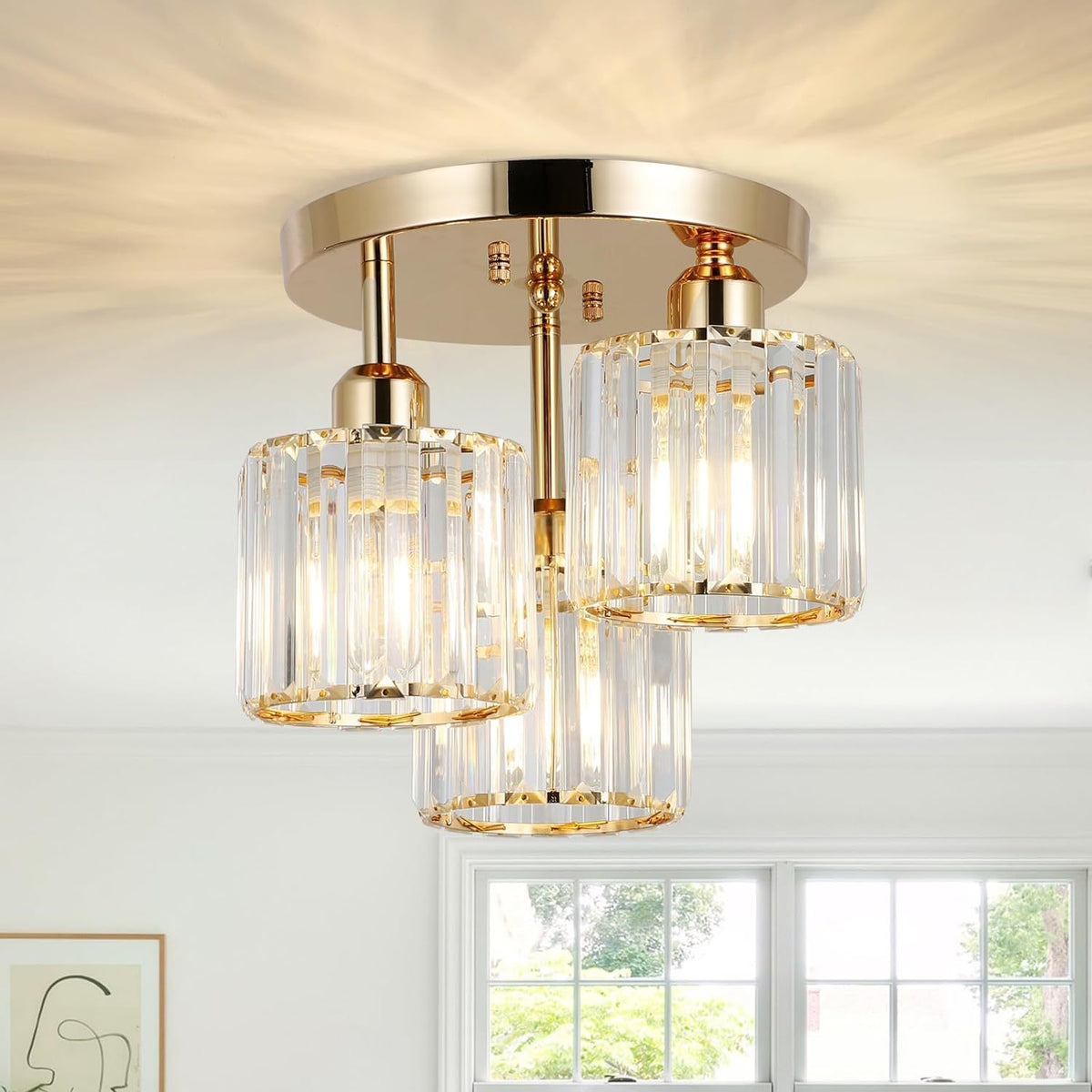 Semi Flush Mount Ceiling Light, 3-Light Crystal Shade, Gold Finish