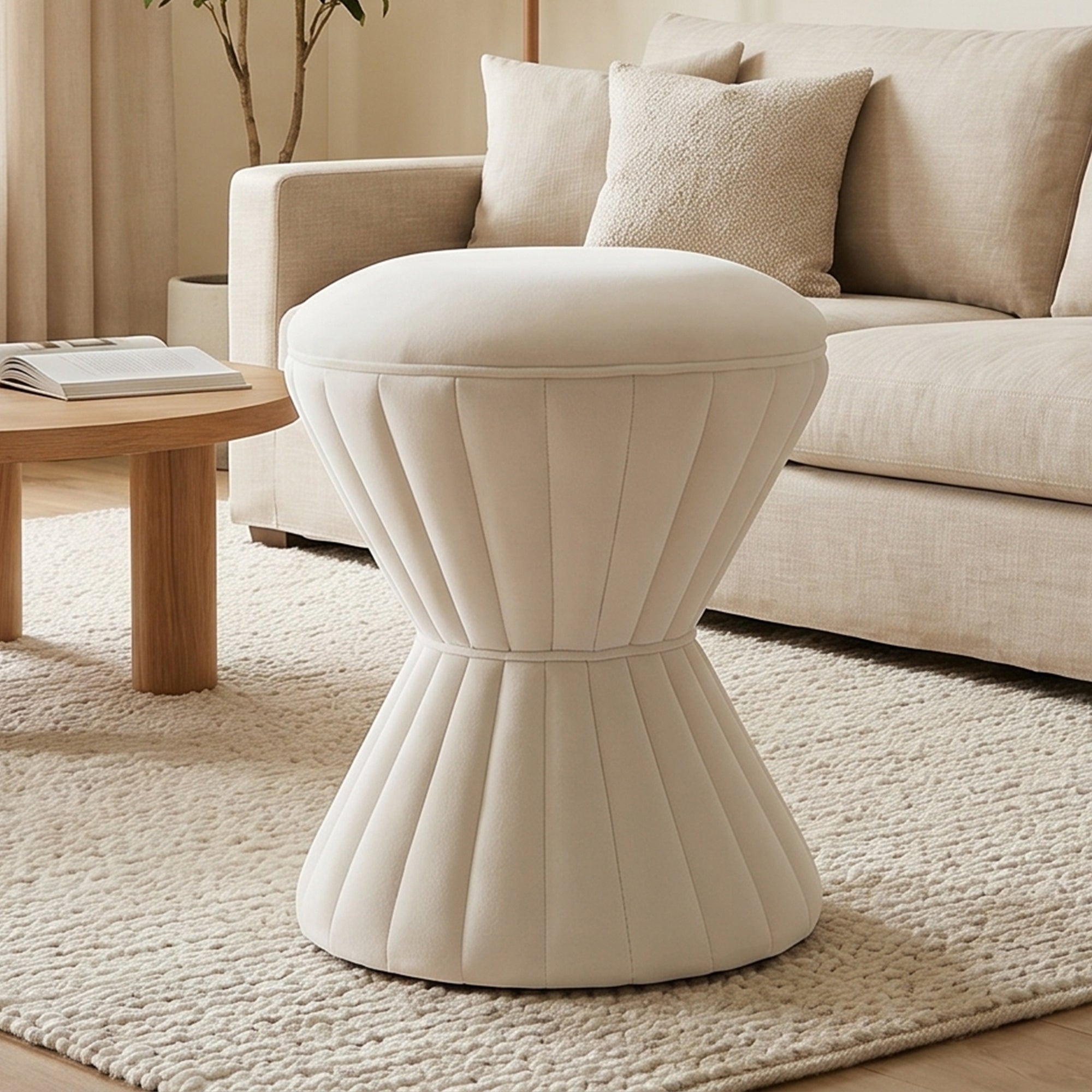 Round Velvet Vanity Stool, Upholstered Ottoman, Beige