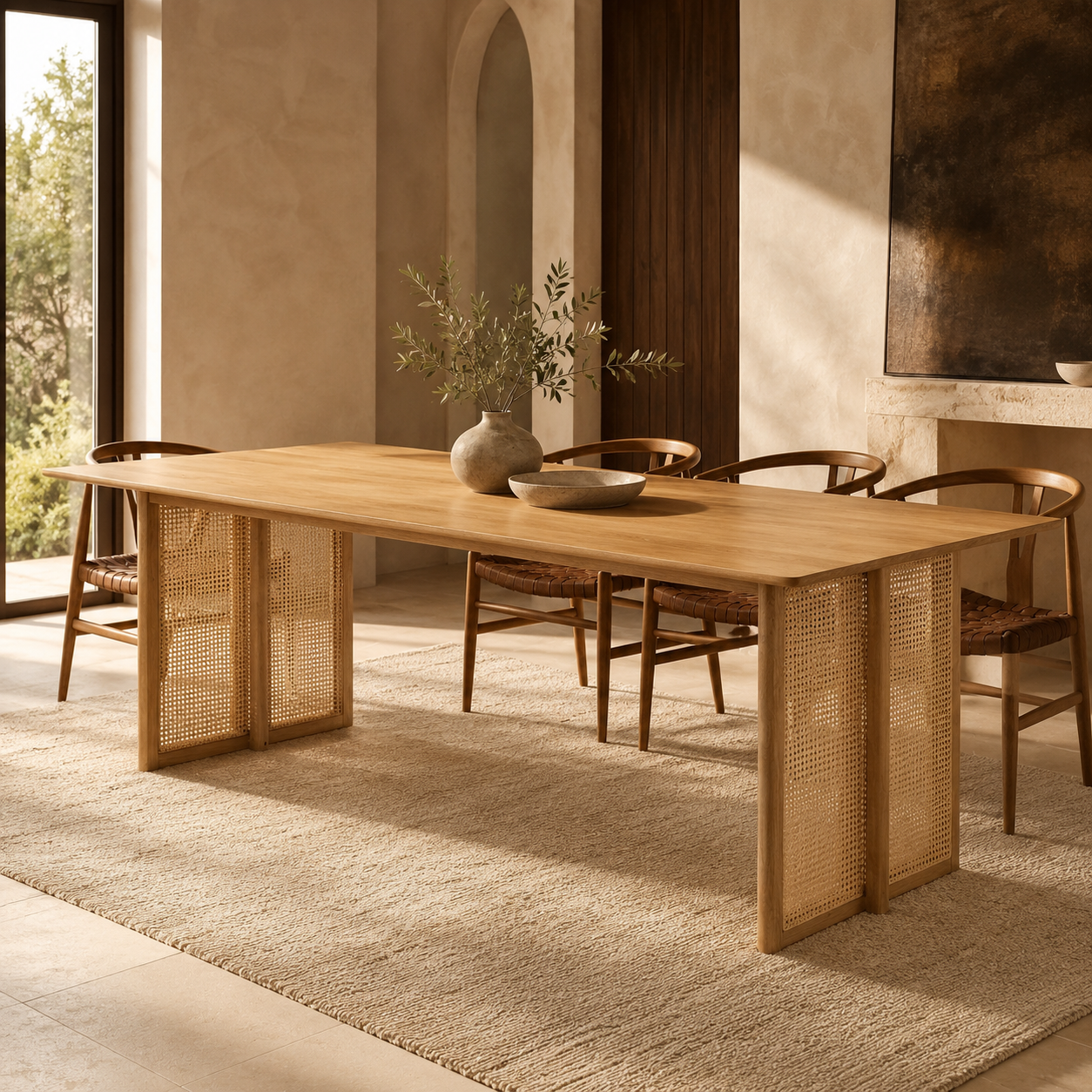 Solid Wood Dining Table with Rattan Legs, Natural - Seats 6