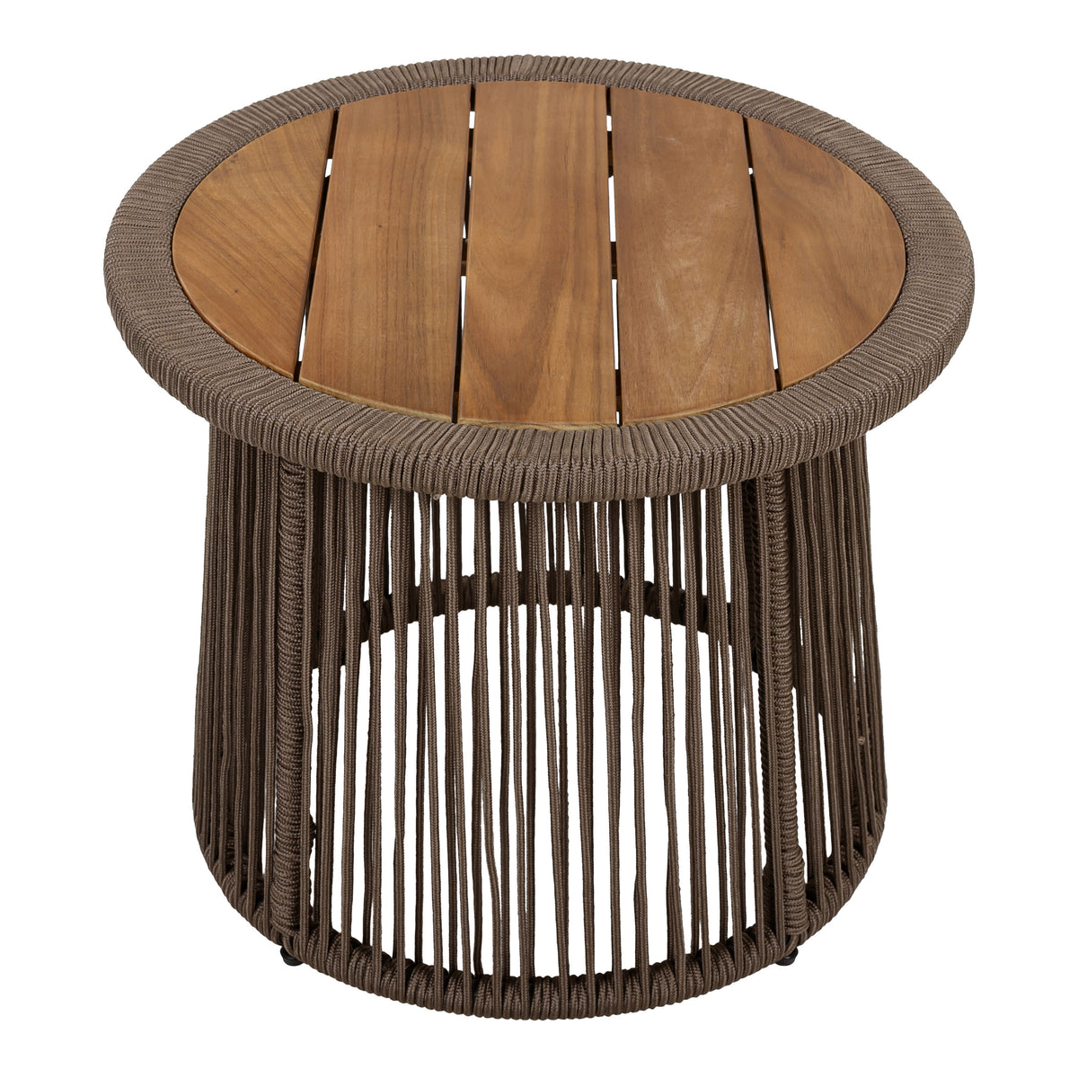 Beige Round Outdoor Side Table, Rope Weave, Teak Finish Top