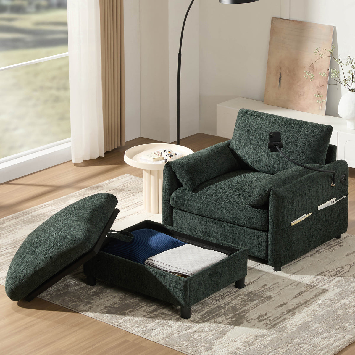 Green Chenille Chaise Lounge Chair with Ottoman