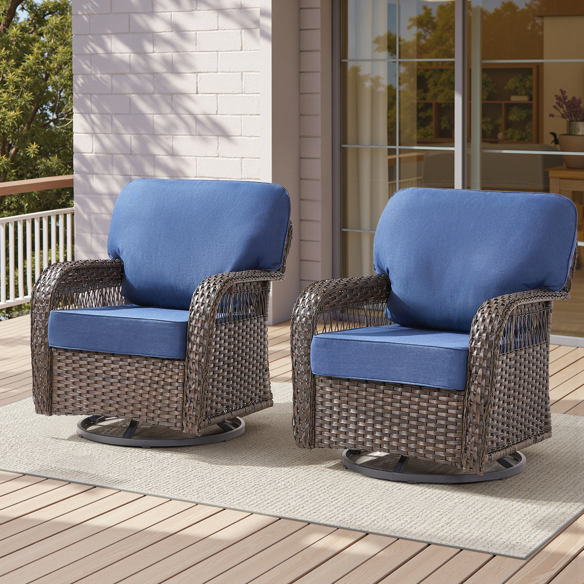 Brown Wicker Outdoor Glider Chair with Blue Cushions, Set of 2