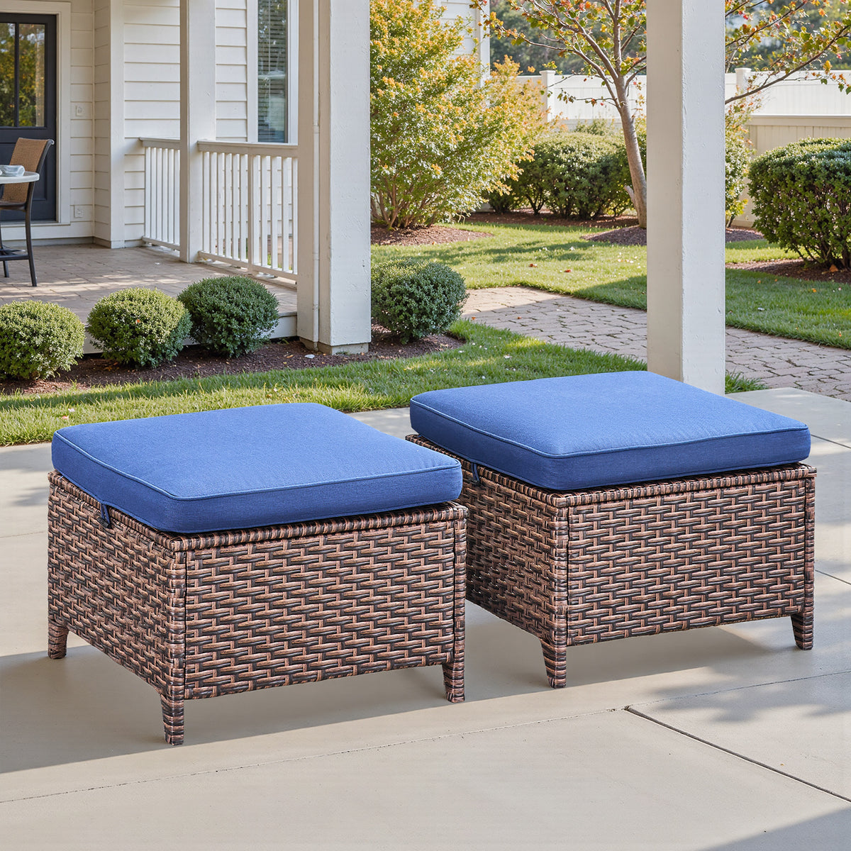 Wicker Outdoor Ottoman with Blue Cushions, Set of 2, 13.8 in Tall