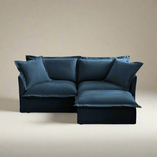 Fluffy 2-Seat Chenille Modular Sofa – Navy with Ottoman, Washable