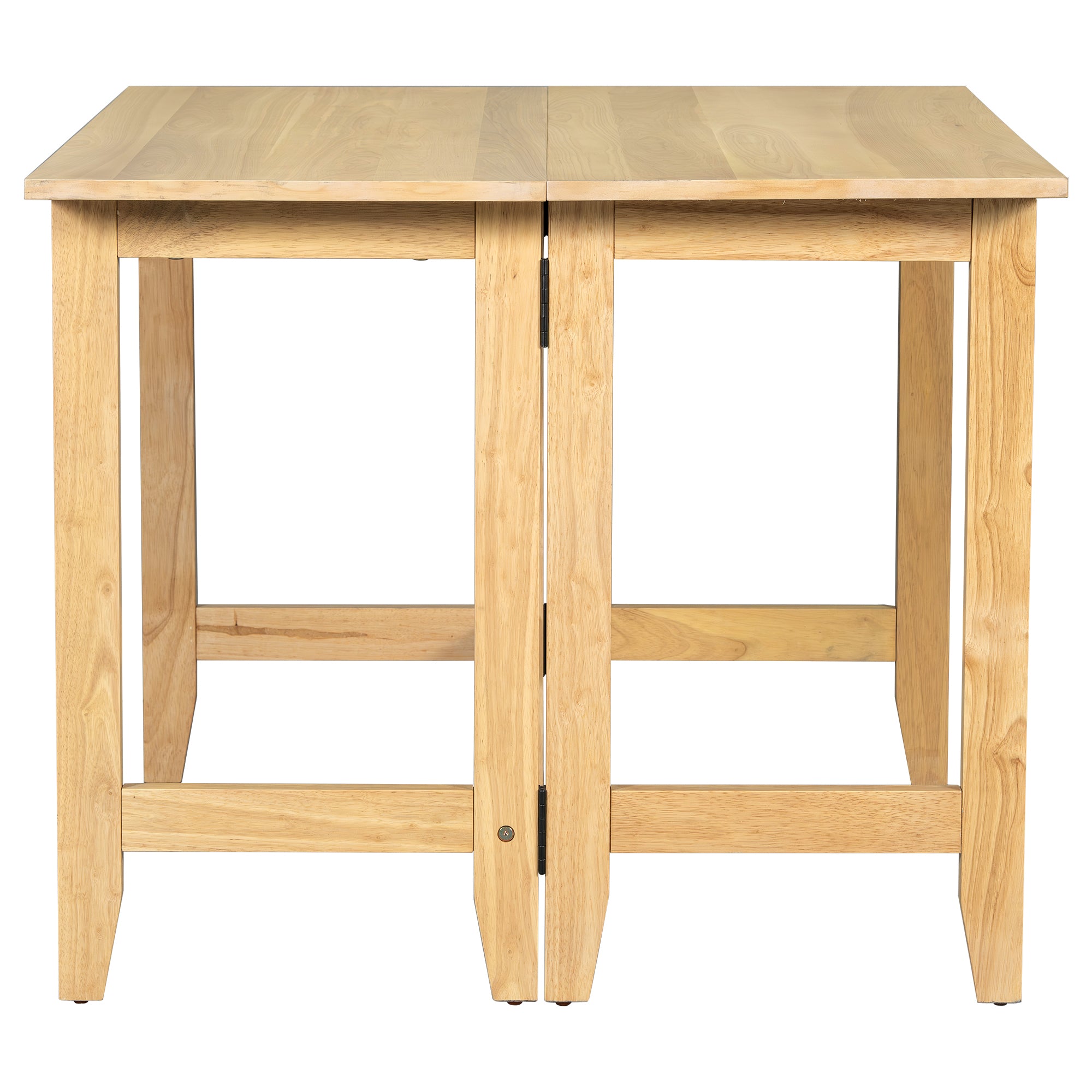 Natural wood drop-leaf dining table with both leaves folded down, narrow console front view