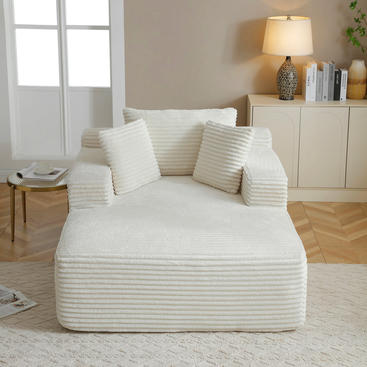White Corduroy Chaise Lounge Chair