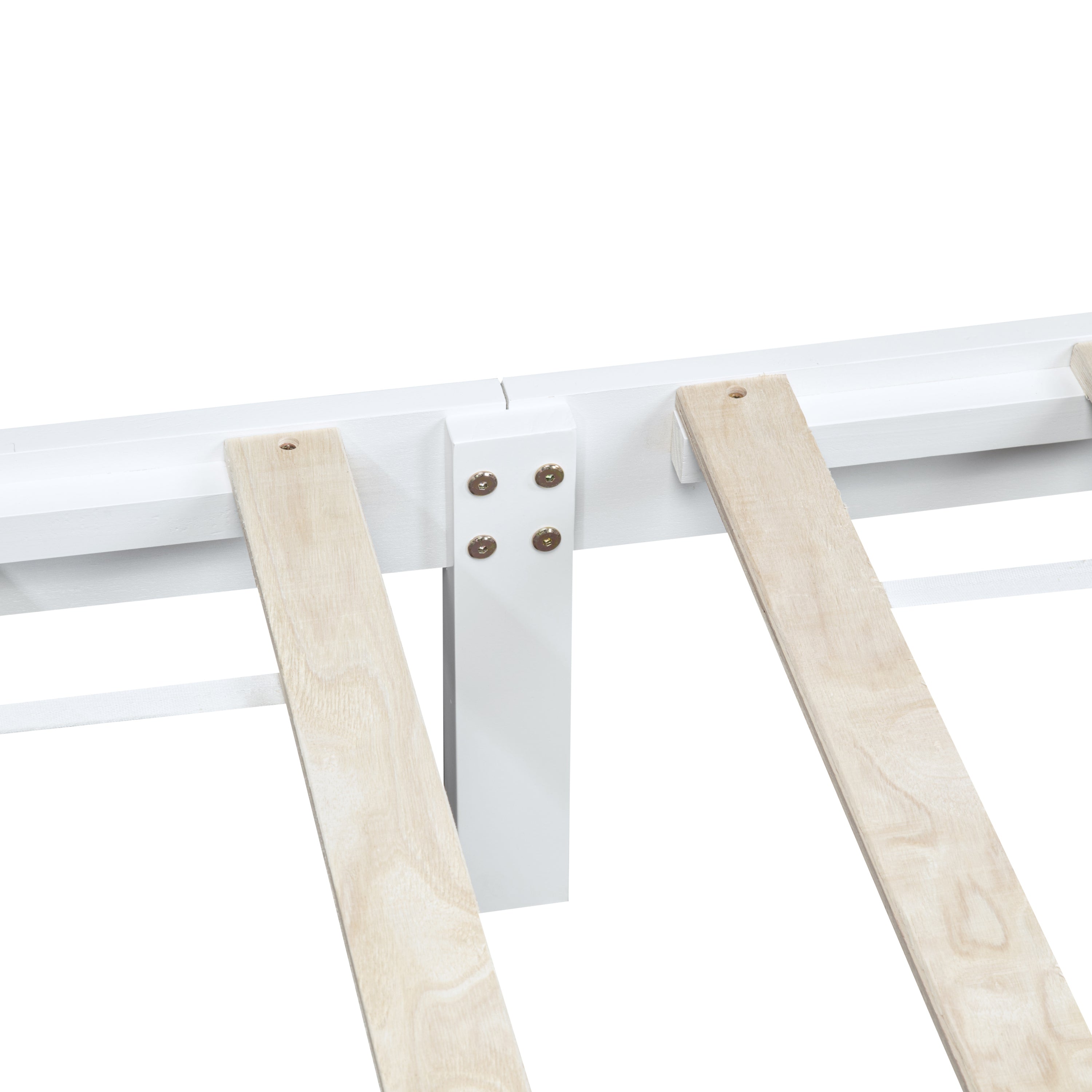 Central support beam and legs under the wood slats of the queen bed frame, with anti-slip straps #Color_White