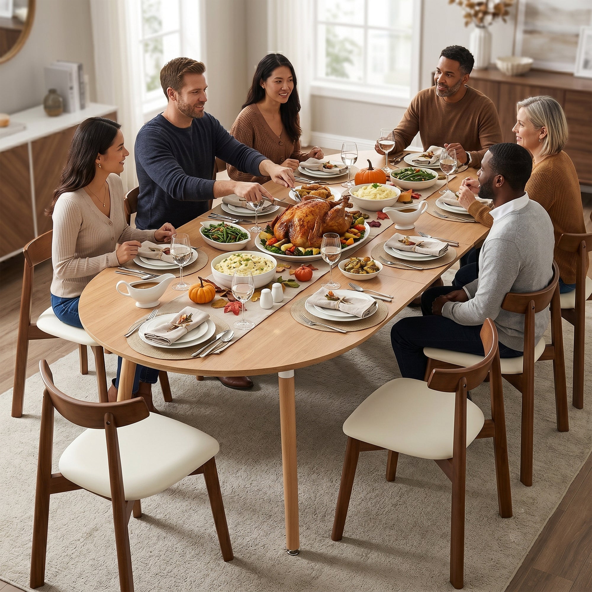 Family of six seated around the oval extendable dining table sharing a holiday meal