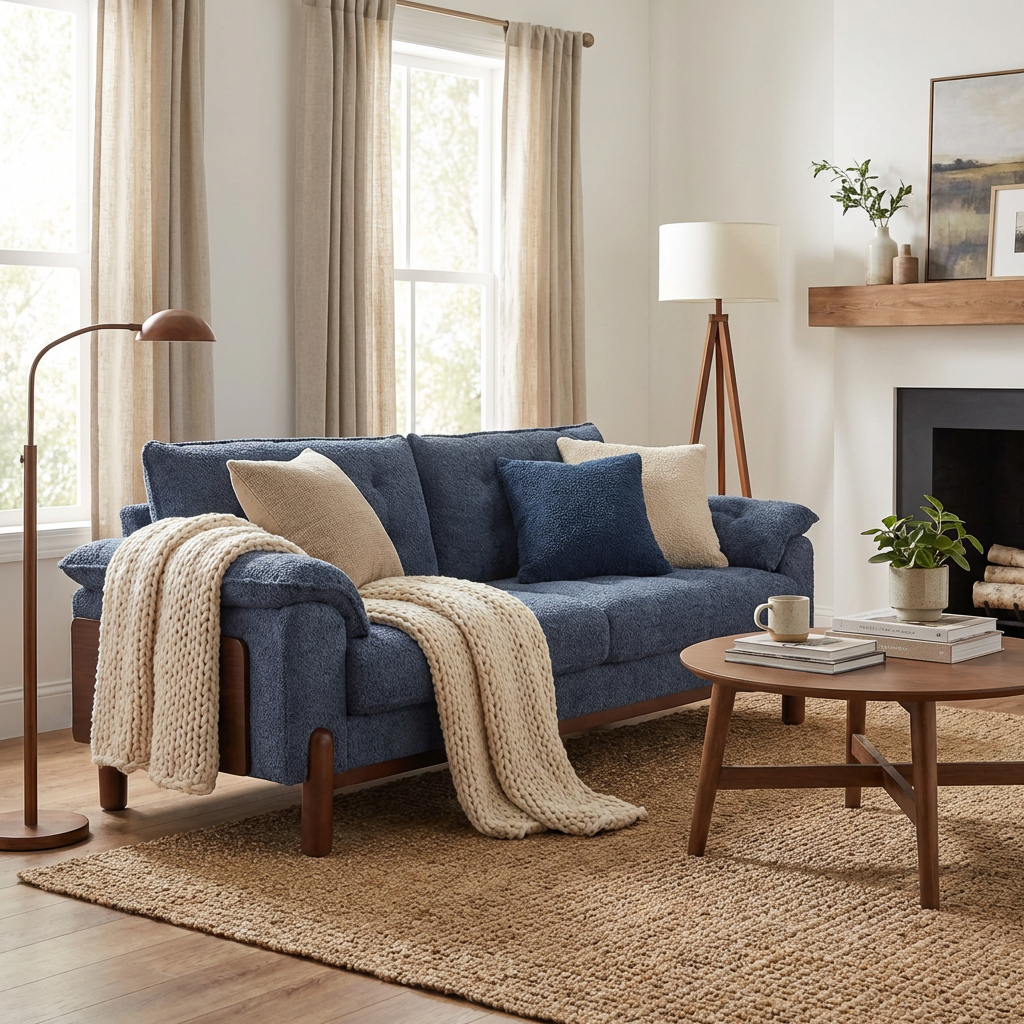 Navy Blue Boucle 3-Seat Couch, 83.5 in Wide