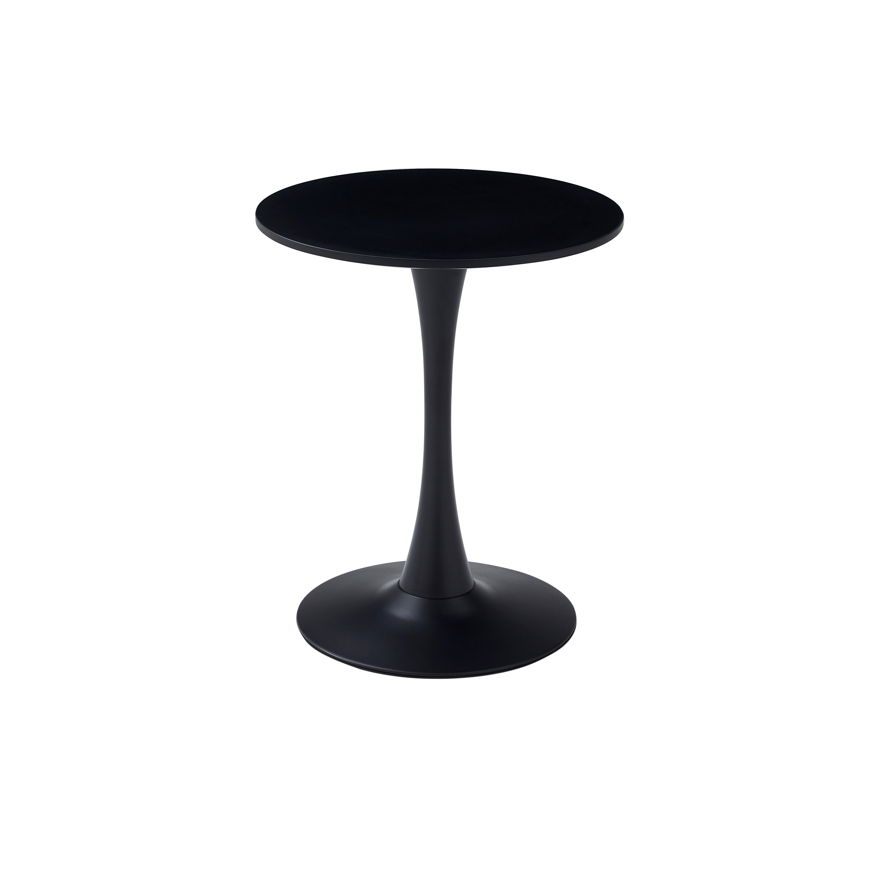 Black modern round bistro table with tulip pedestal base, front view on white