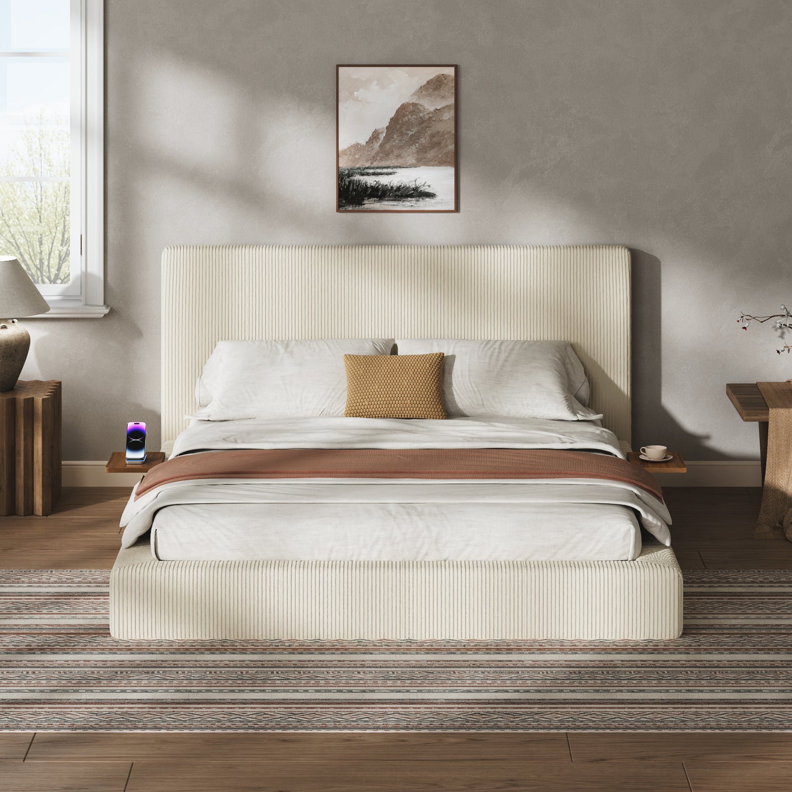 Cream corduroy queen platform bed frame, low profile, sliding wood side shelves holding a phone and cup, styled
