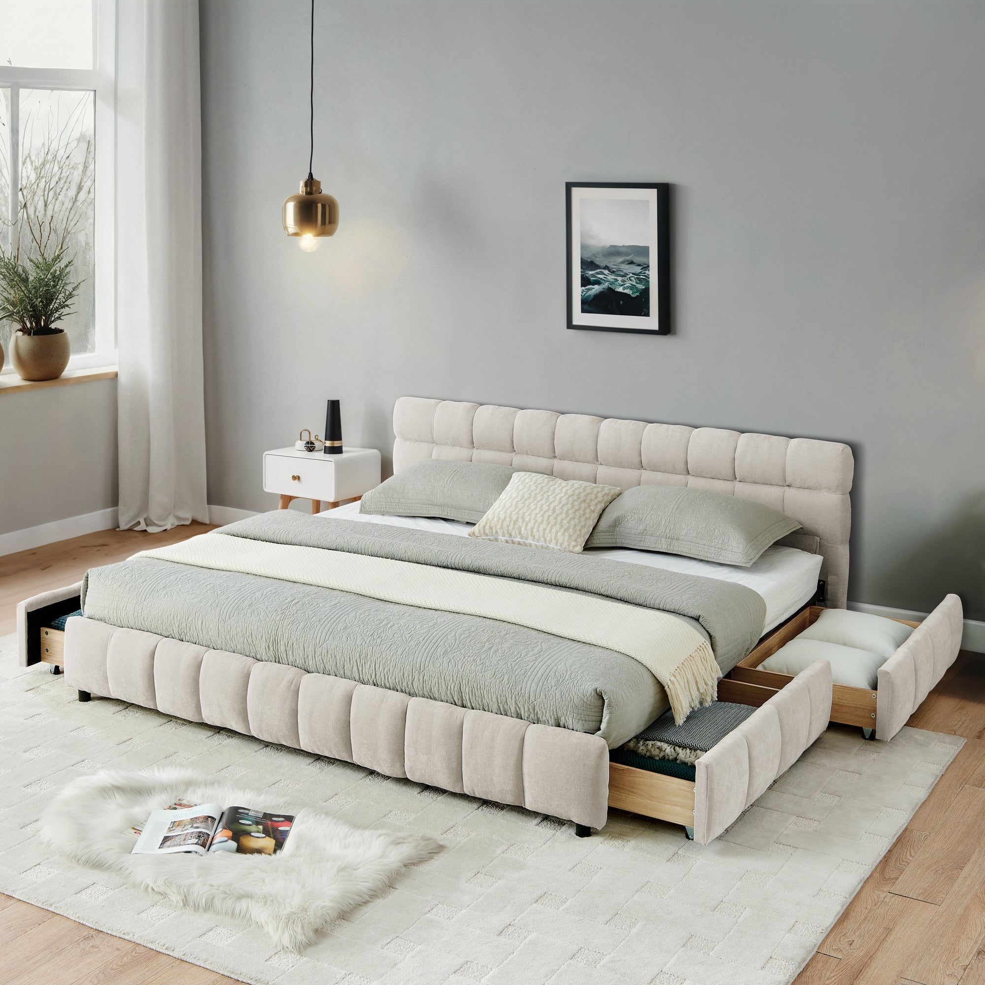 Front angle of beige chenille bed frame with white nightstand and gold pendant light