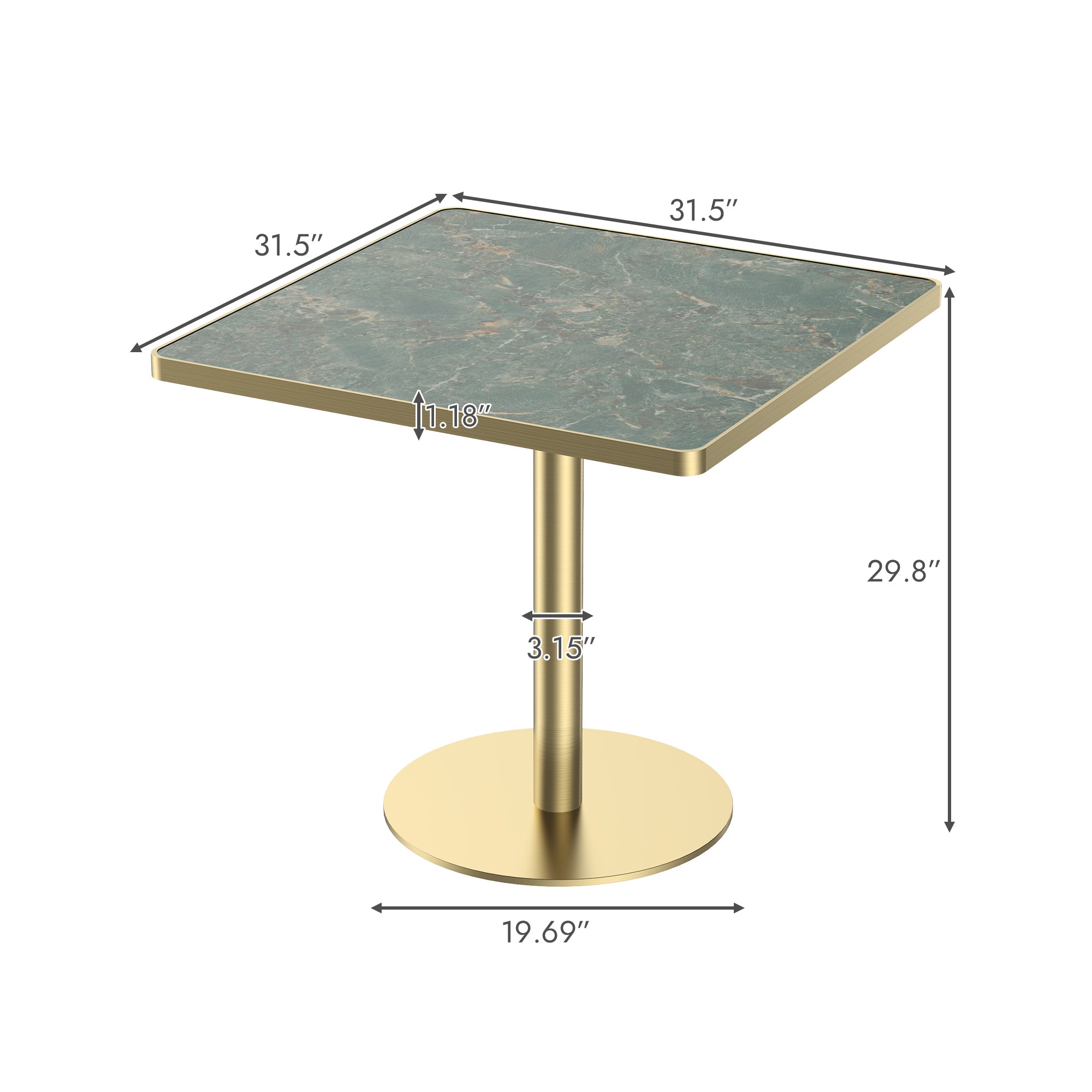 Dimension diagram of square dining table, 31.5 inch top, 29.8 inch height, gold pedestal base