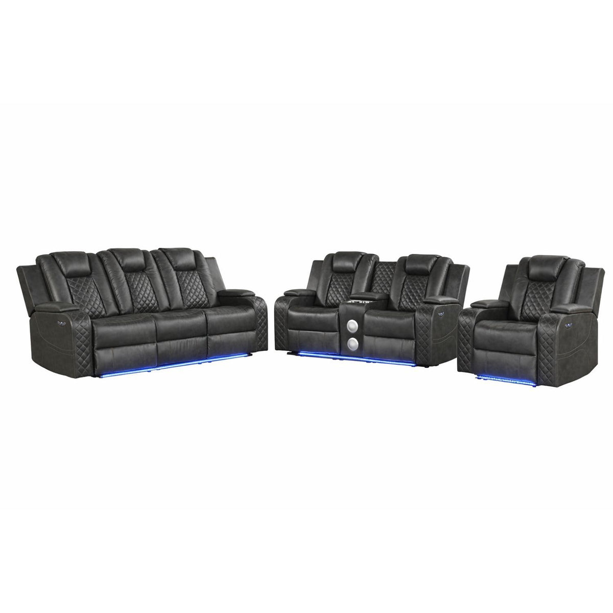 Gray Vegan Leather Power 3-Piece Reclining Set, Adjustable Headrests