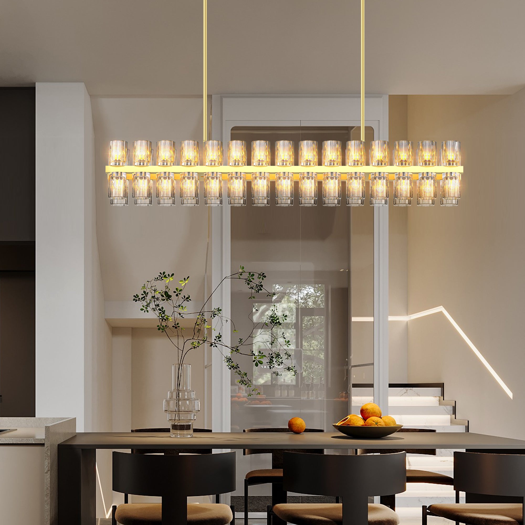 Chandelier - Rectangular K9 Crystal, 60-Light Dimmable Iron, Gold