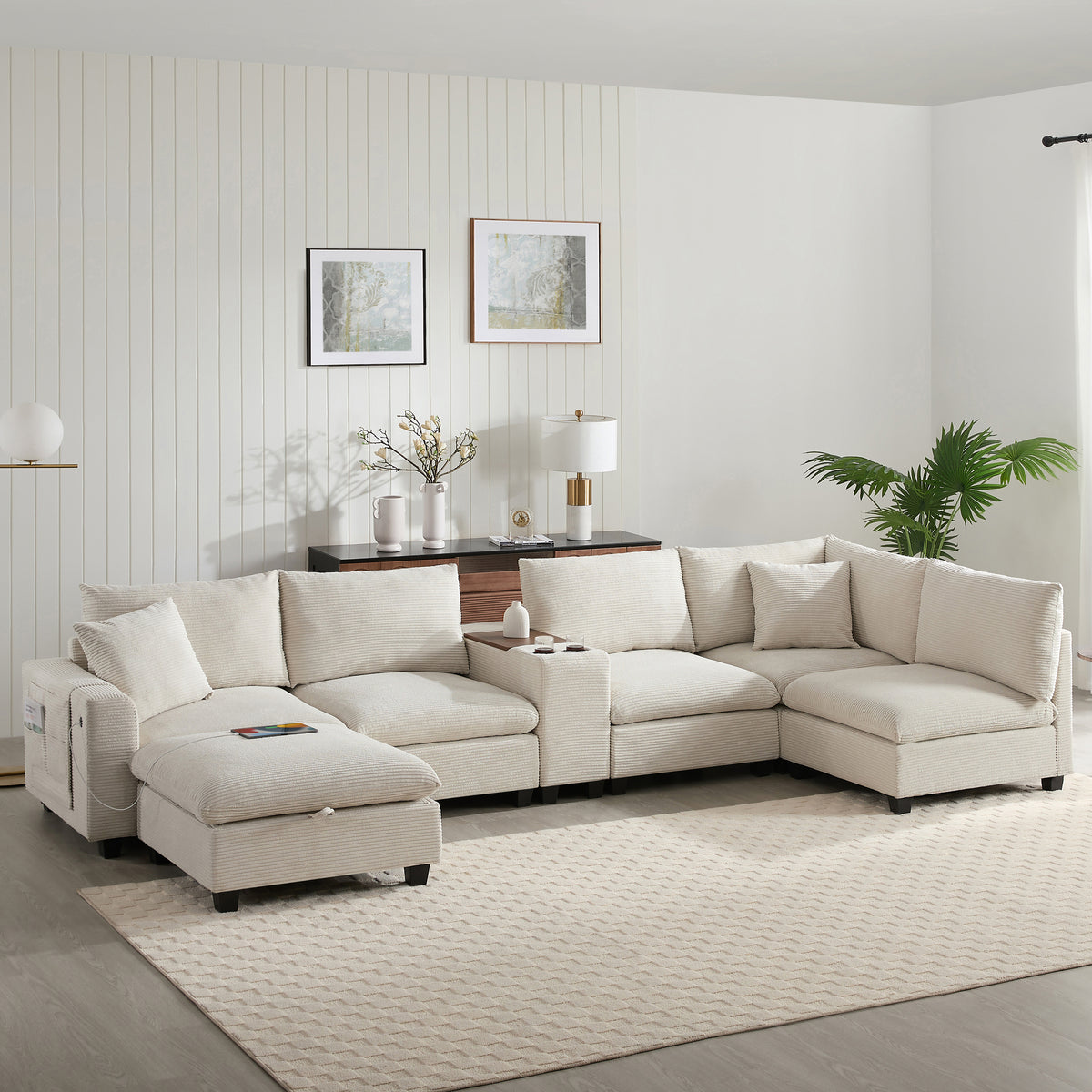Beige Corduroy L-Shaped Modular Sectional with Ottoman, 140 in Wide
