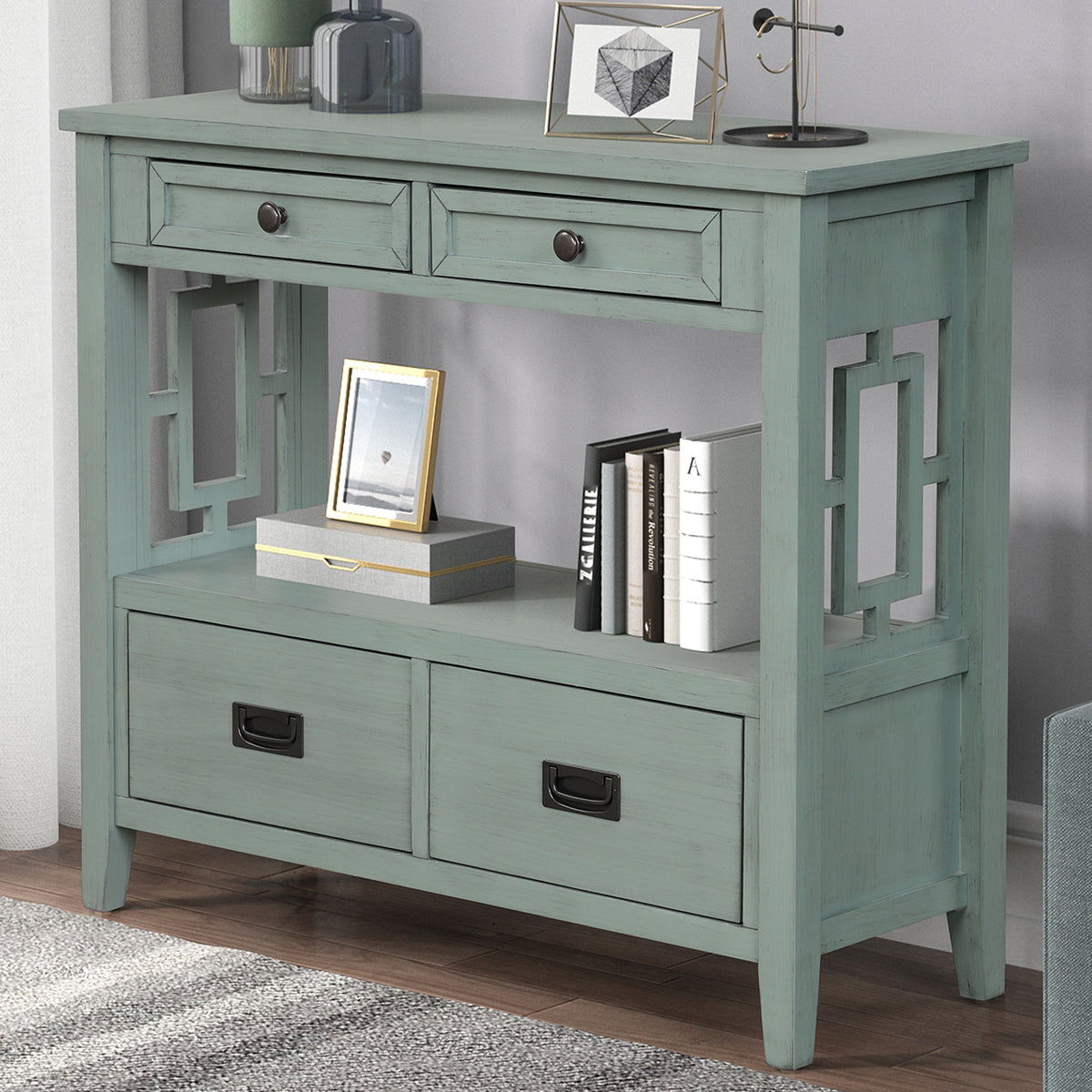 Blue Entryway Console Table, 4 Drawers, 36 in Wide, Retro Blue