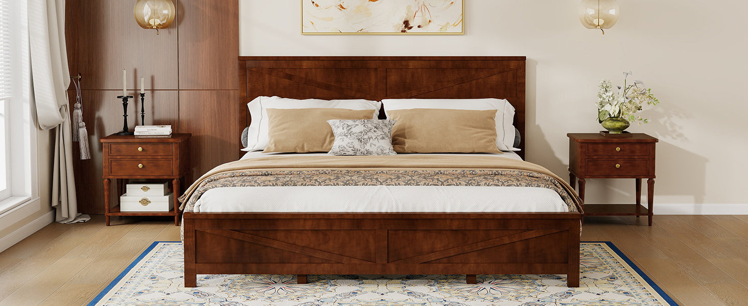 Farmhouse walnut king bed frame with robot vacuum passing underneath