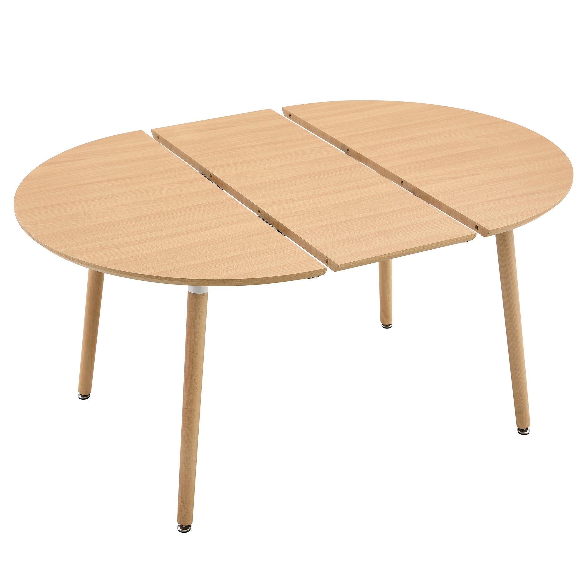 Oak-look table pulled open with two leaves separated to show the extension, plain studio