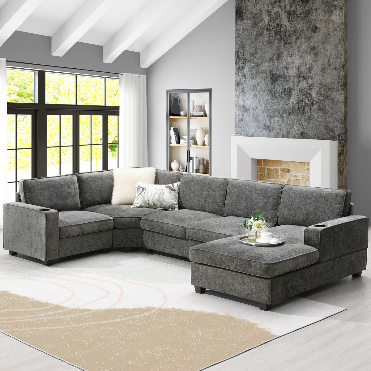 Gray Chenille U-Shaped Sectional Couch, 117.5 in Wide, Right-Facing