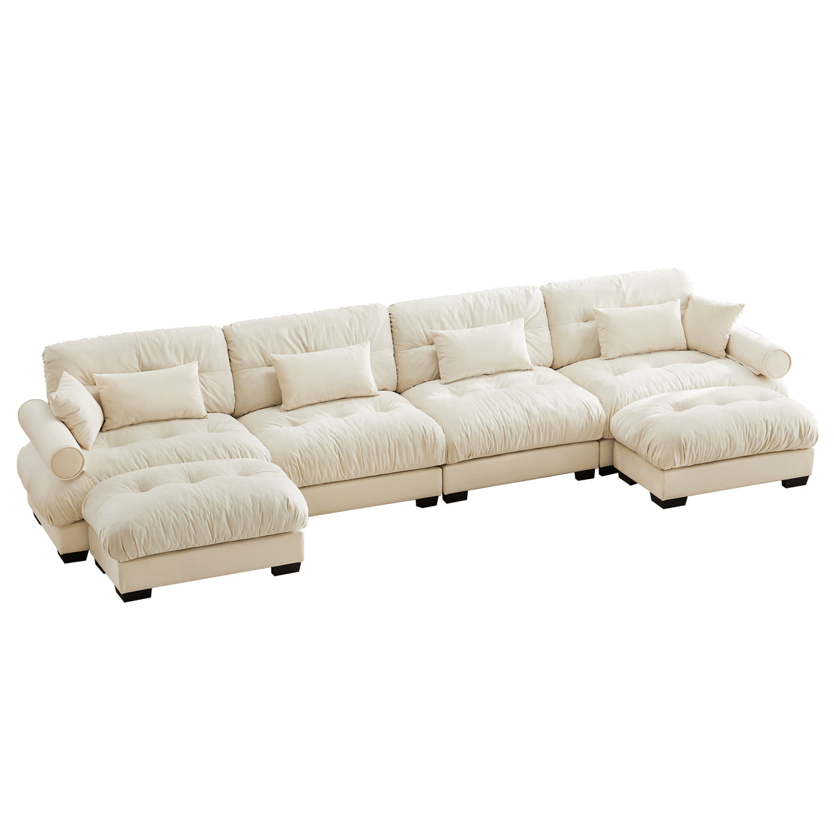 Cream Velvet Sectional Couch with 2 Ottomans