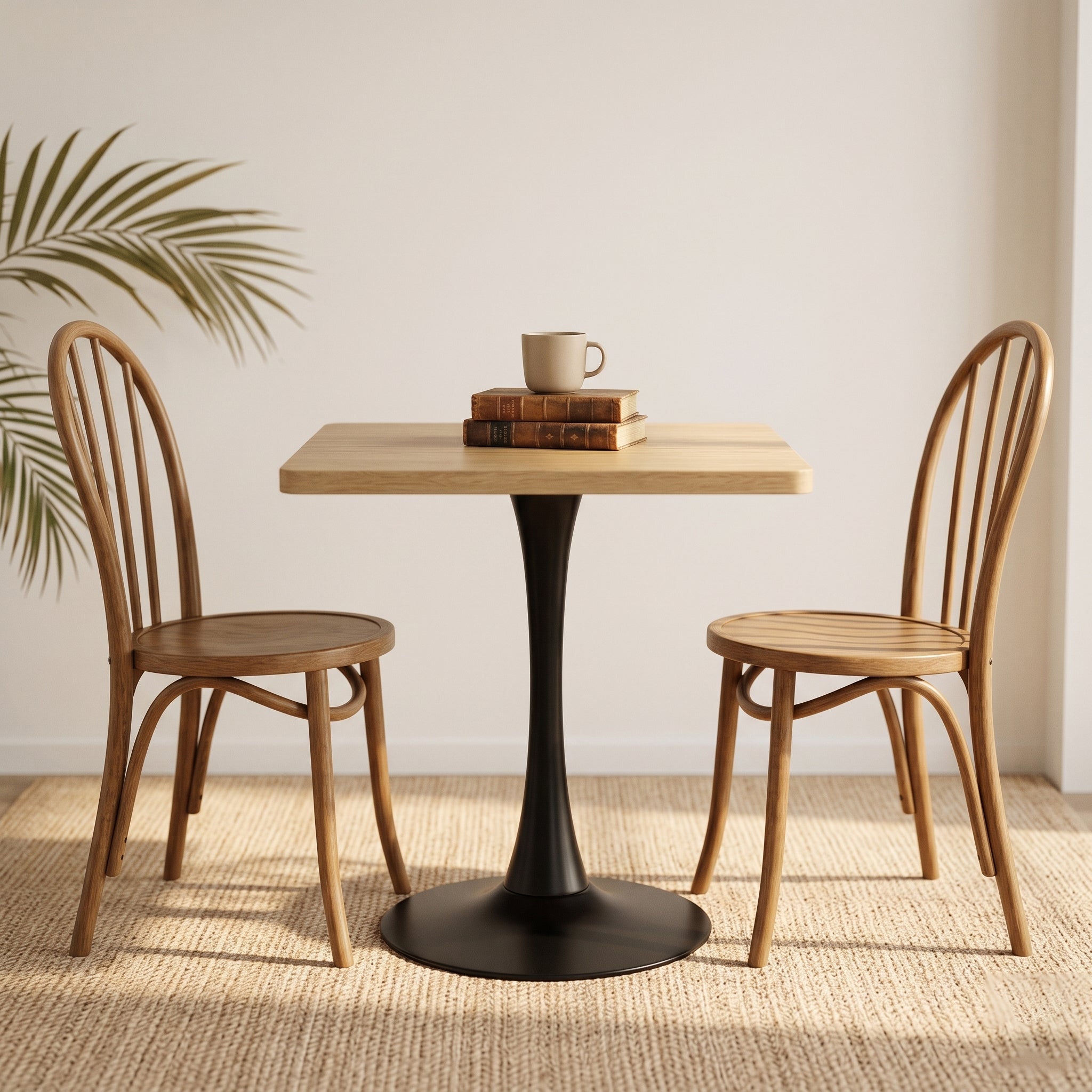 Natural square tulip bistro table styled with two wood chairs, a mug, and stacked books by a plant