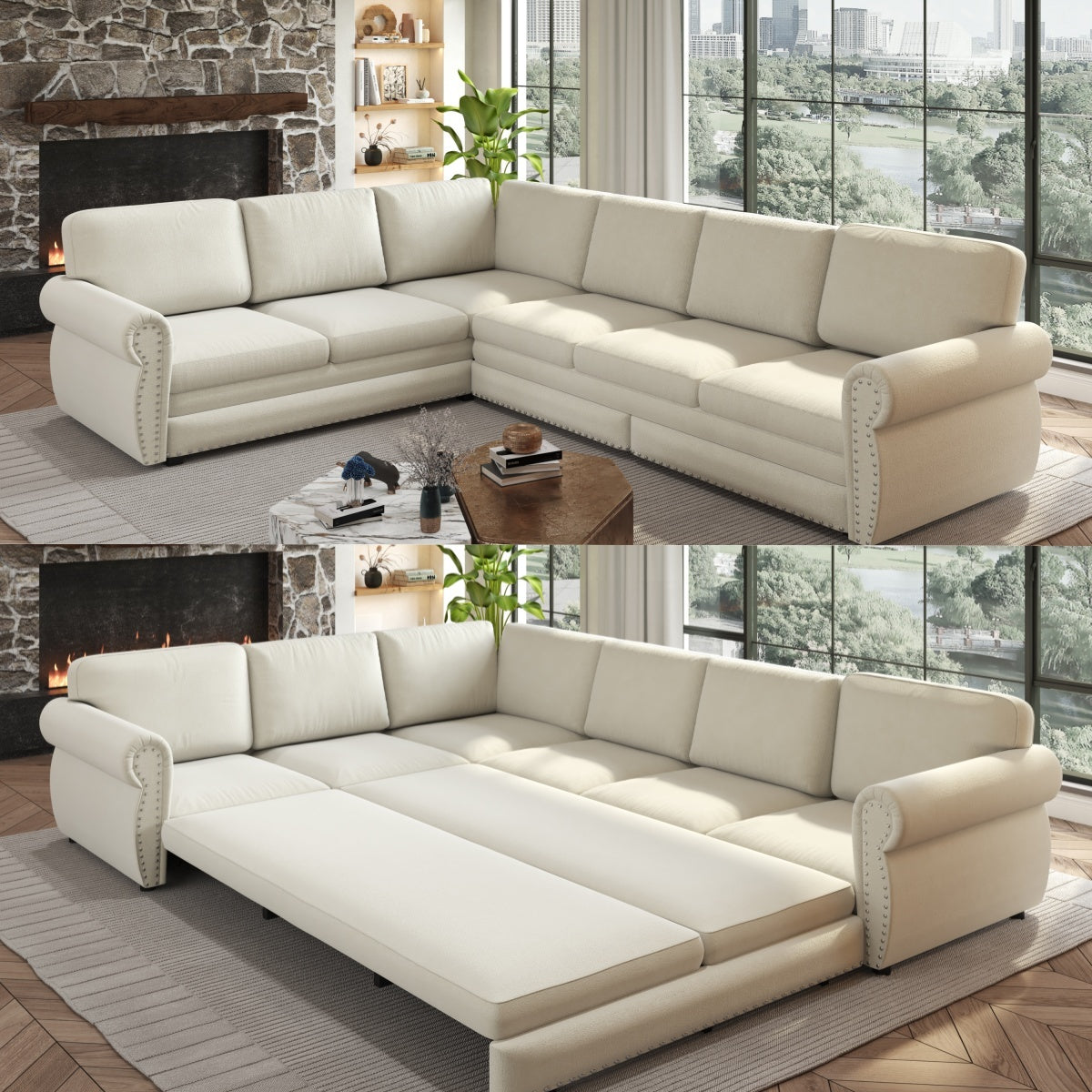 Beige Chenille L-Shaped Sleeper Sectional, 118 in Wide