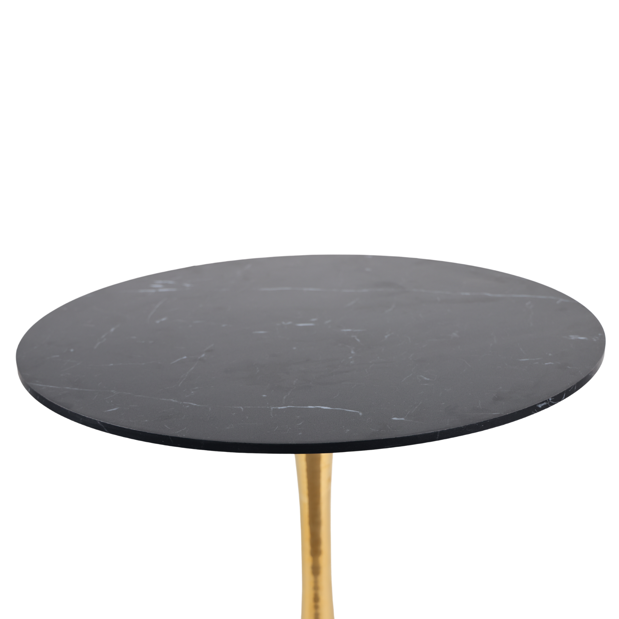 Overhead close-up of the black faux marble tabletop surface and edge