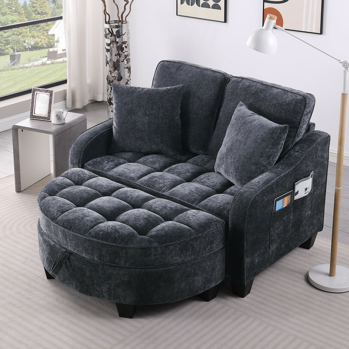 Black Corduroy 2-Seat Couch with Ottoman