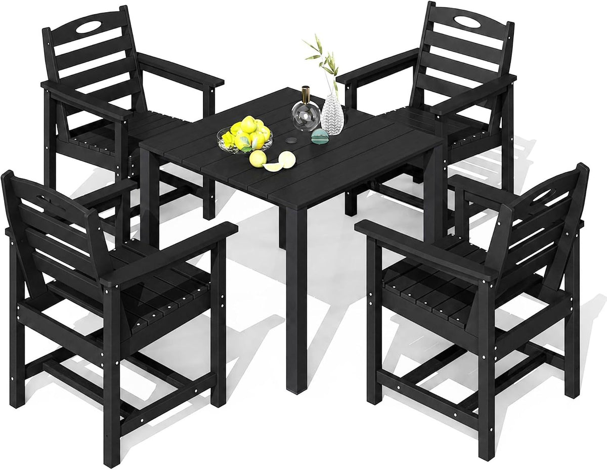 Black HDPE 5-Piece Patio Dining Set with Umbrella Hole