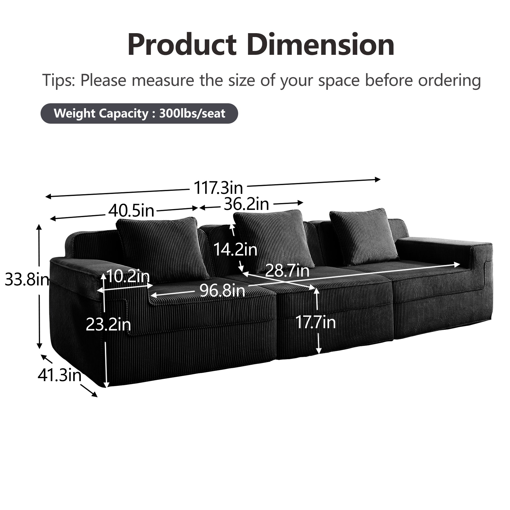 Hudson 3-Seat Boneless Couch in Black #OttOnly_0 #Color_Black