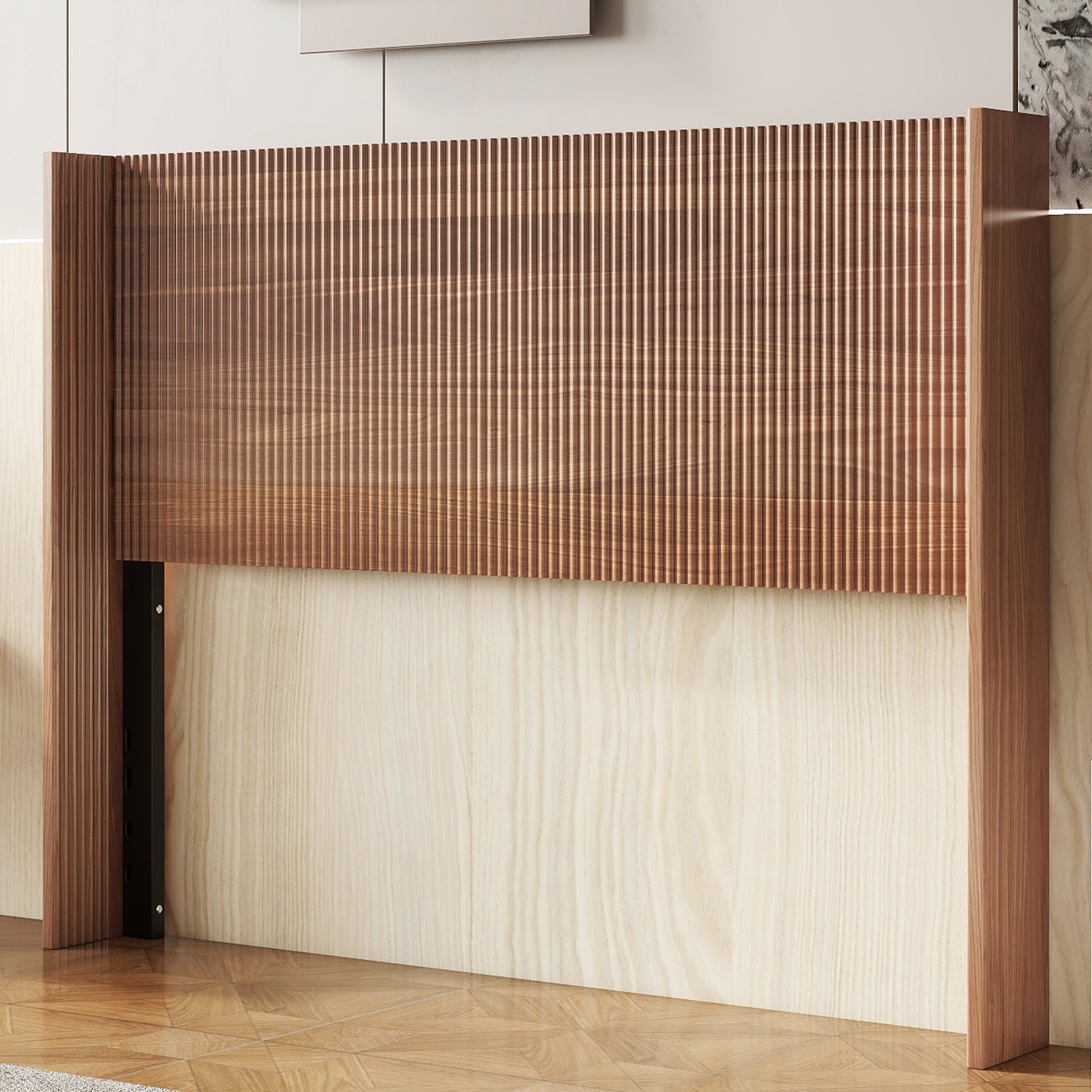 Close-up of the fluted natural wood headboard with the black adjustable mounting bracket