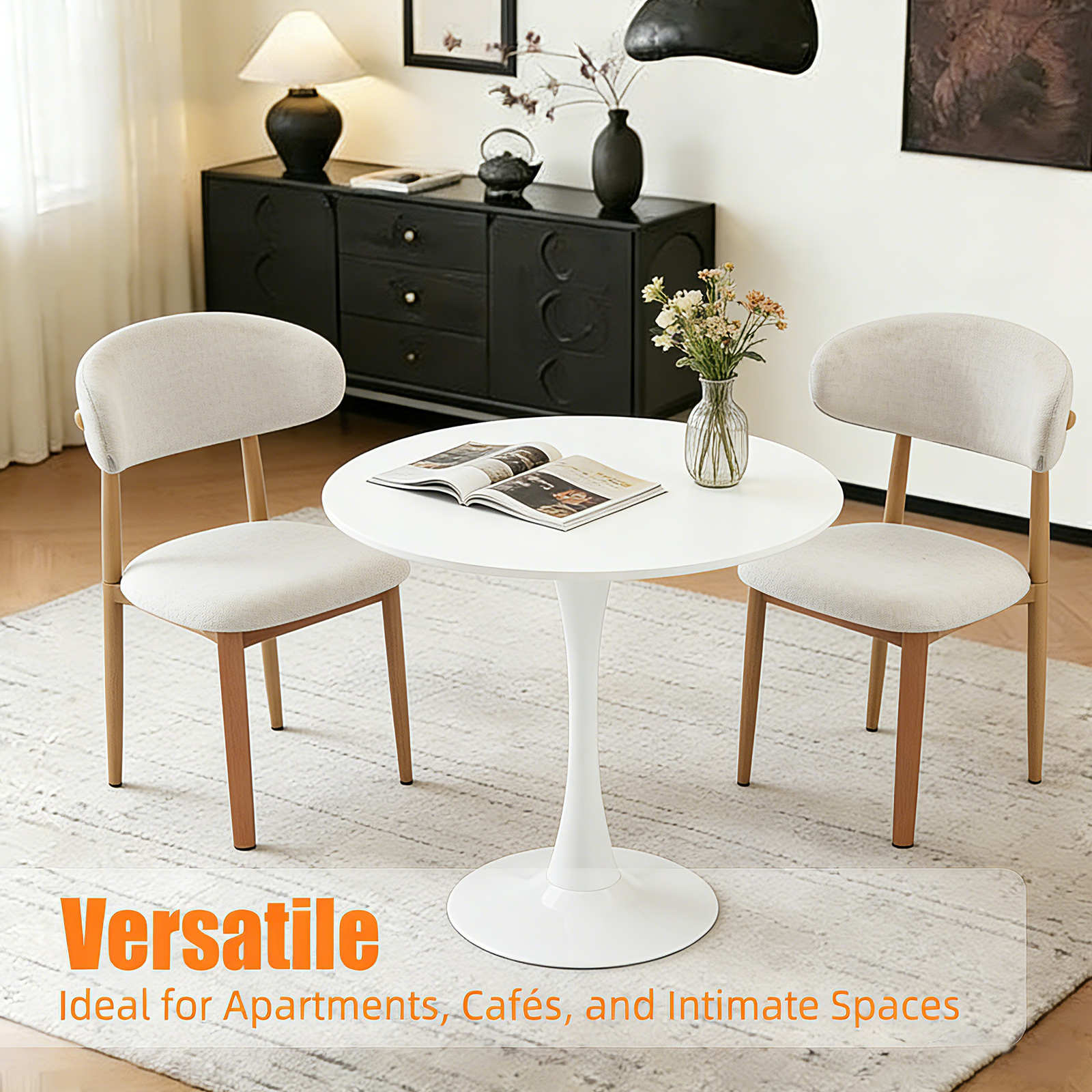 Feature graphic pairing the white round dining table with two boucle dining chairs