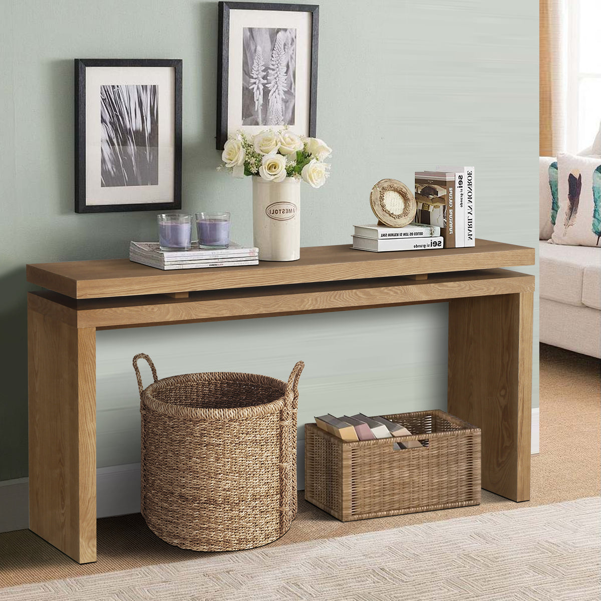 Natural Entryway Console Table with Storage, 59.8 in Wide, 15 in Deep