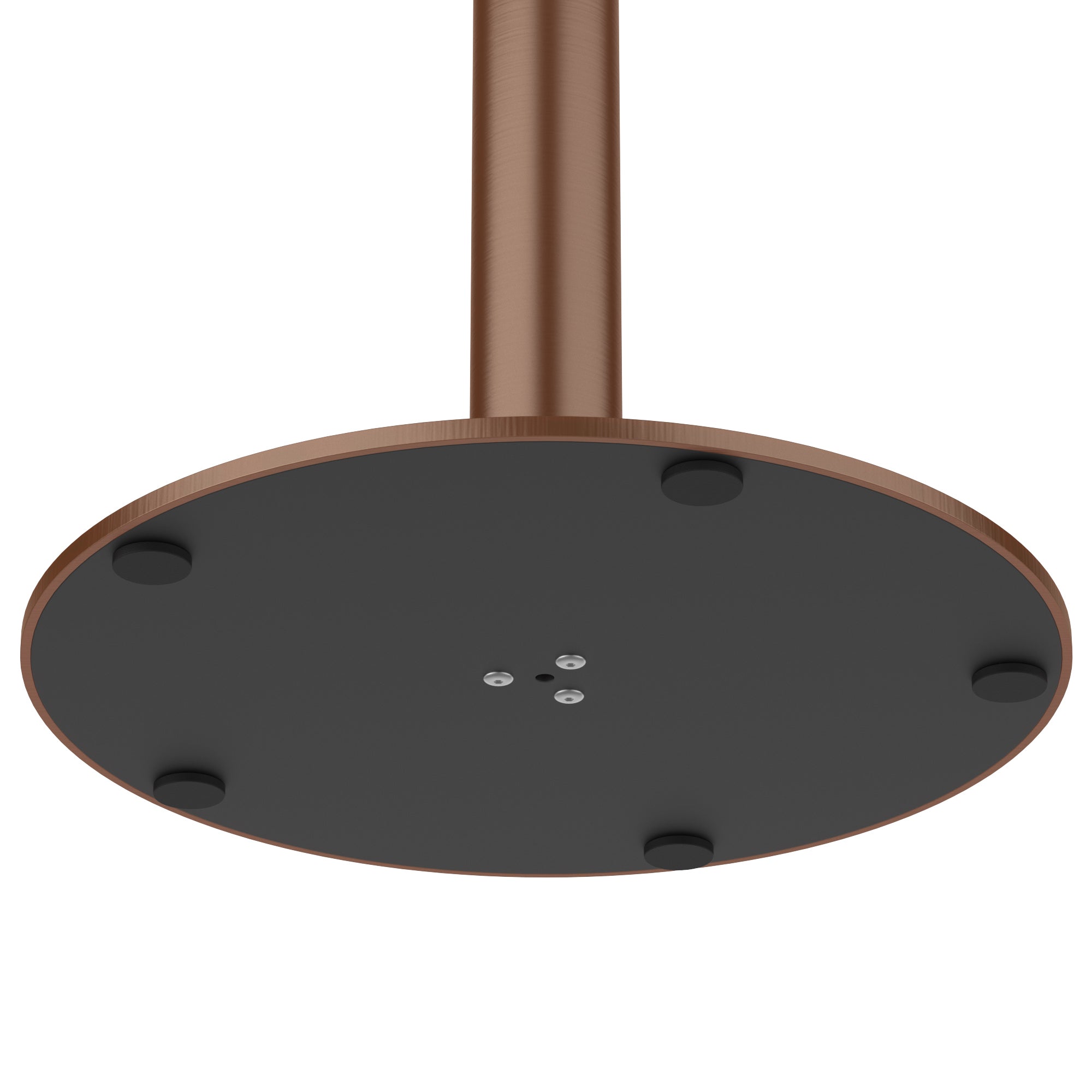 Underside view of square table base showing black mounting plate and foot pads