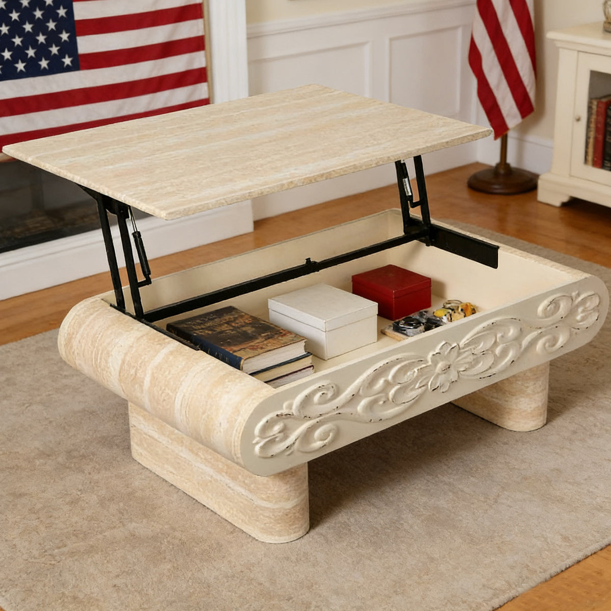 Beige Rectangular Lift-Top Coffee Table, Flower Pattern Detail