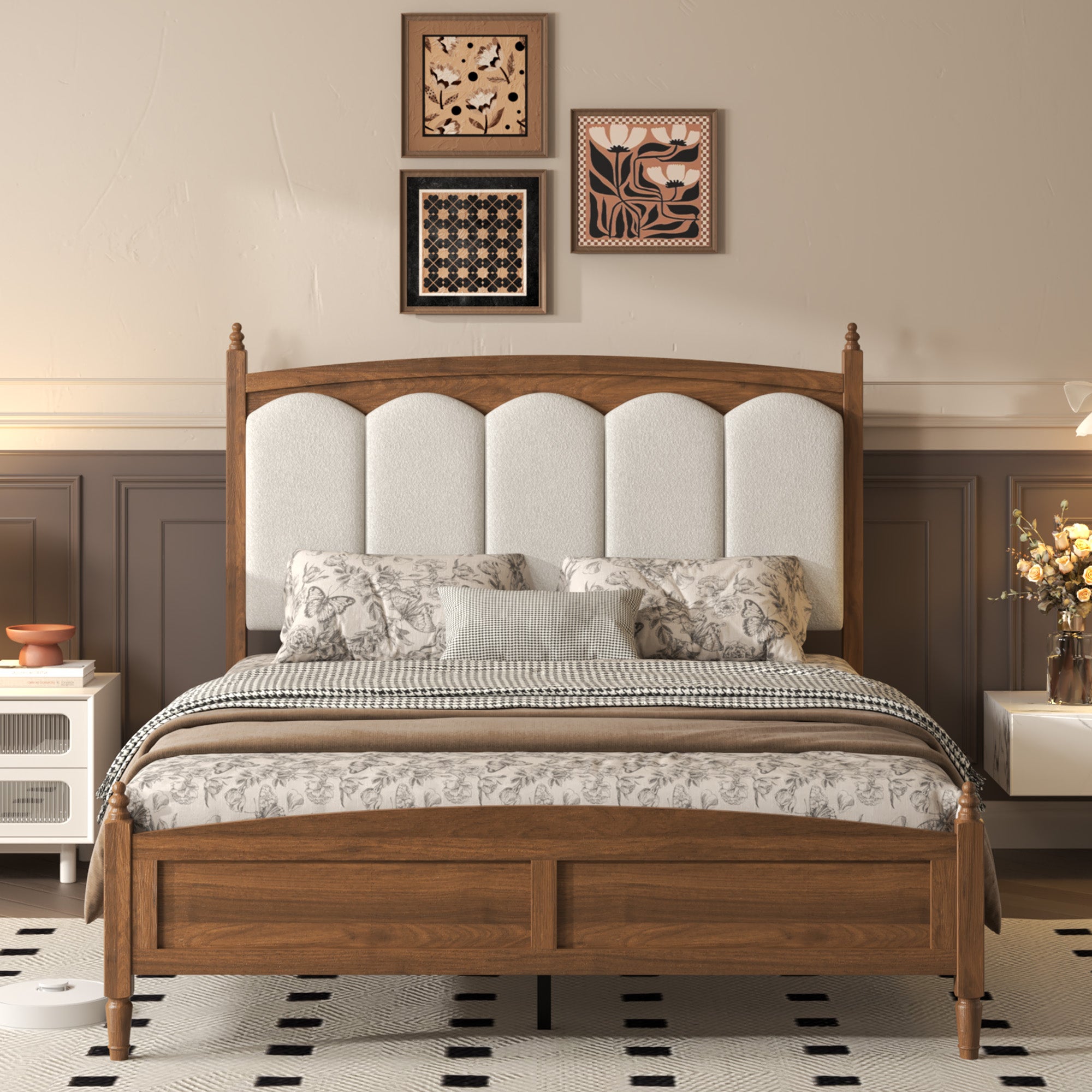 Angled brown wood vintage queen bed with cream scalloped headboard, paneled footboard and turned finials