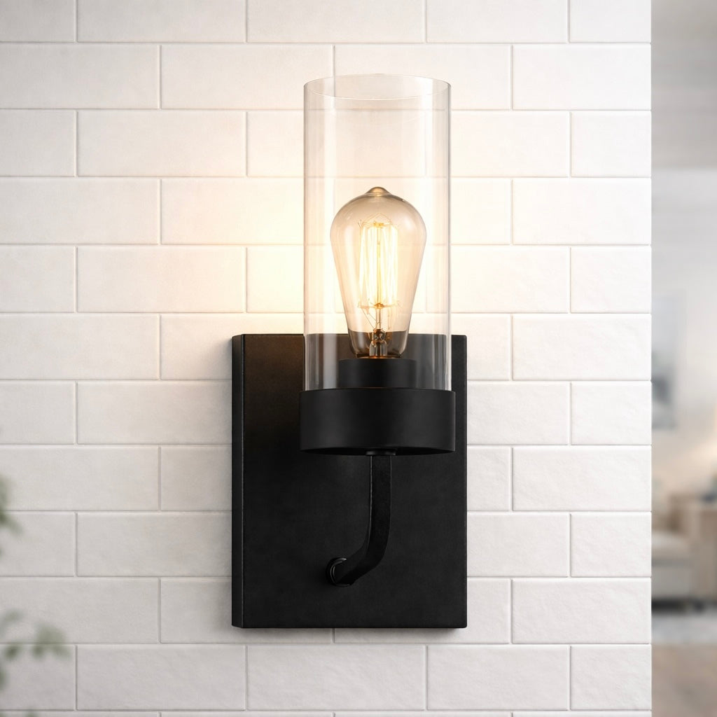 Wall Sconce with Clear Glass Shade in Black