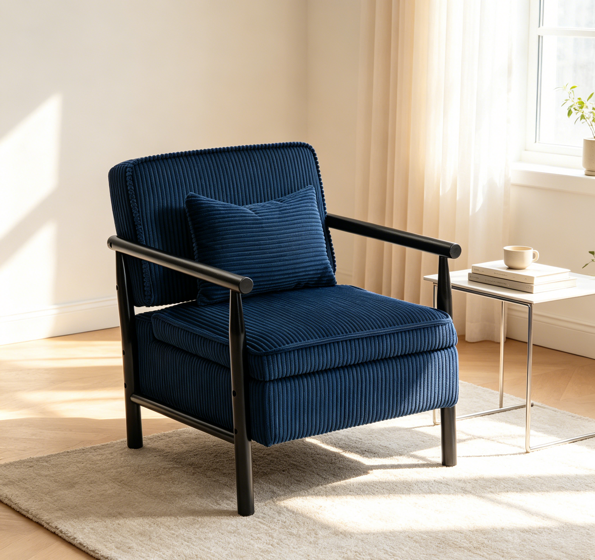Blue Corduroy Accent Chair with Storage