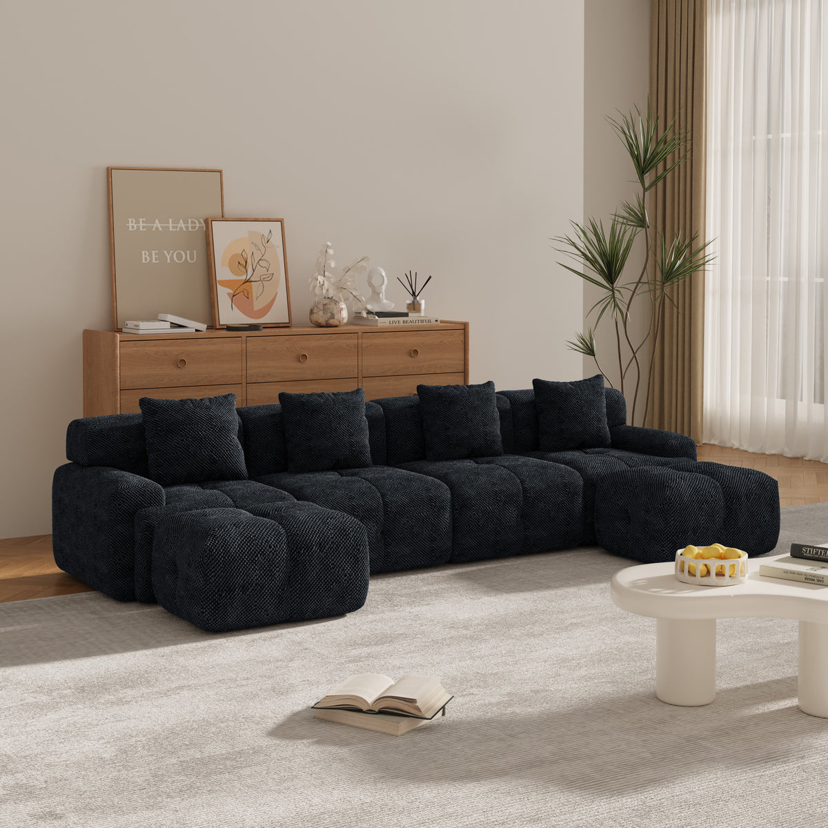 Charcoal Modular Sleeper Sectional with 2 Ottomans, 135.4 in Wide