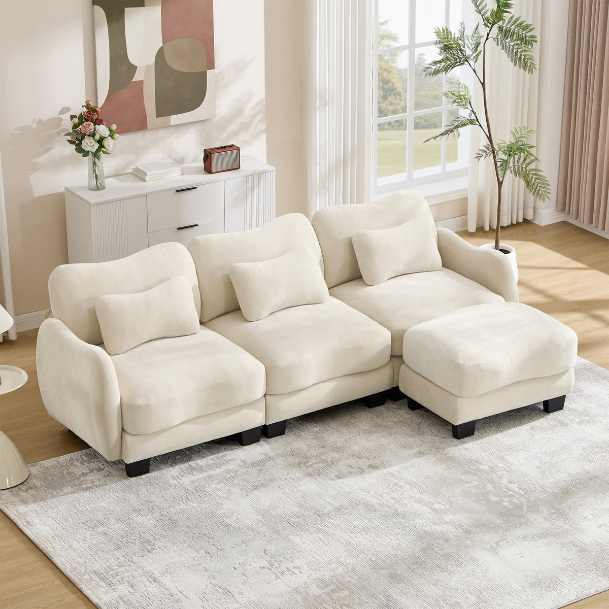 Beige Chenille Modular Sectional Couch with Ottoman, Lumbar Pillows