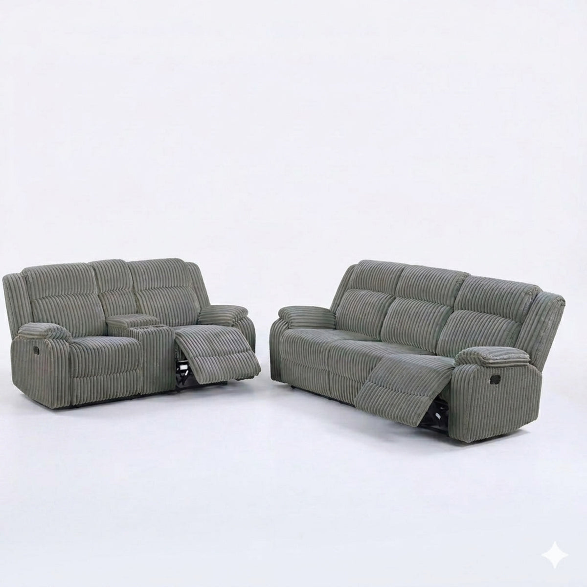 Gray Corduroy Reclining Sofa and Loveseat Set with Console, Smoke