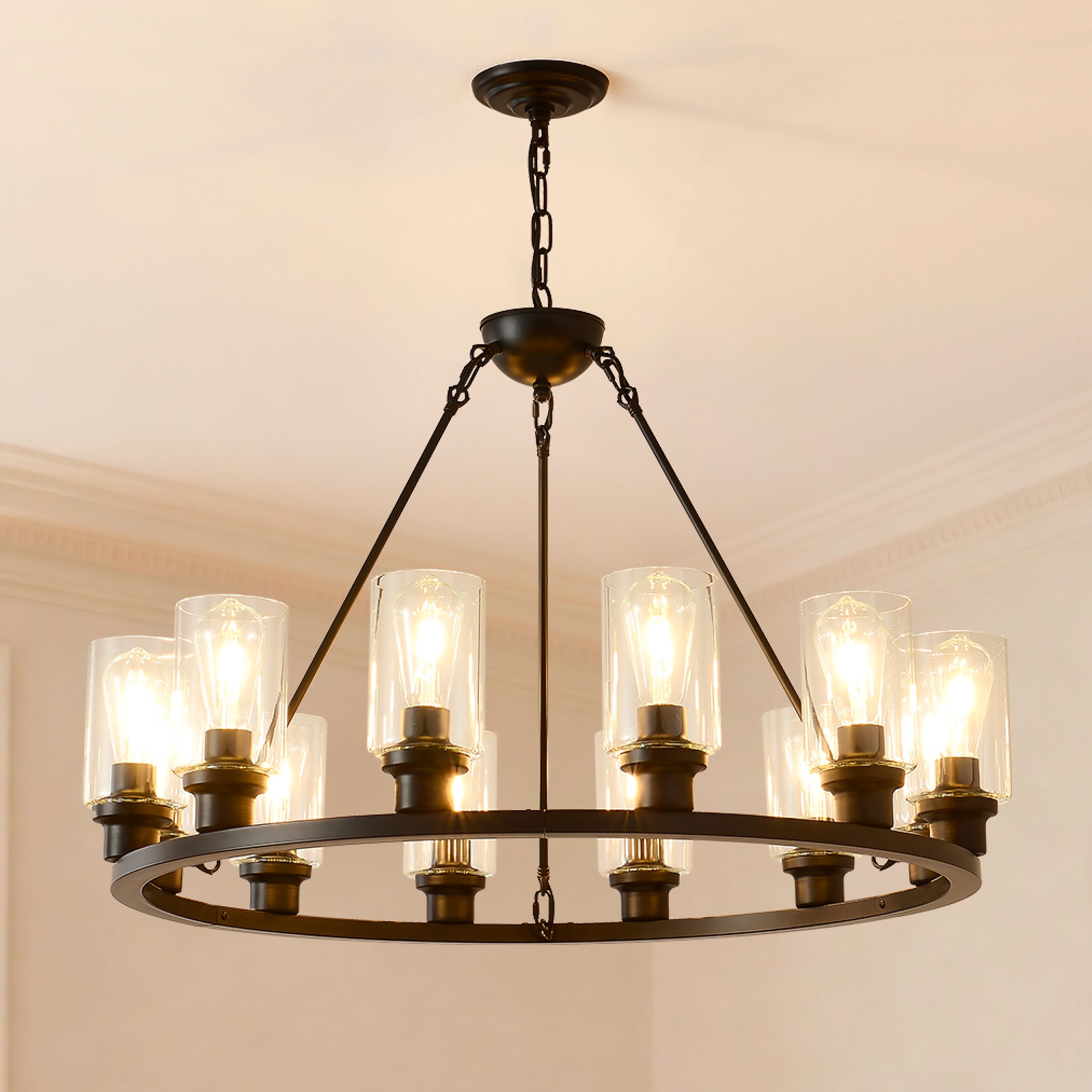 Chandelier, 12-Light Wagon Wheel Glass Shade in Matte Black and Wood