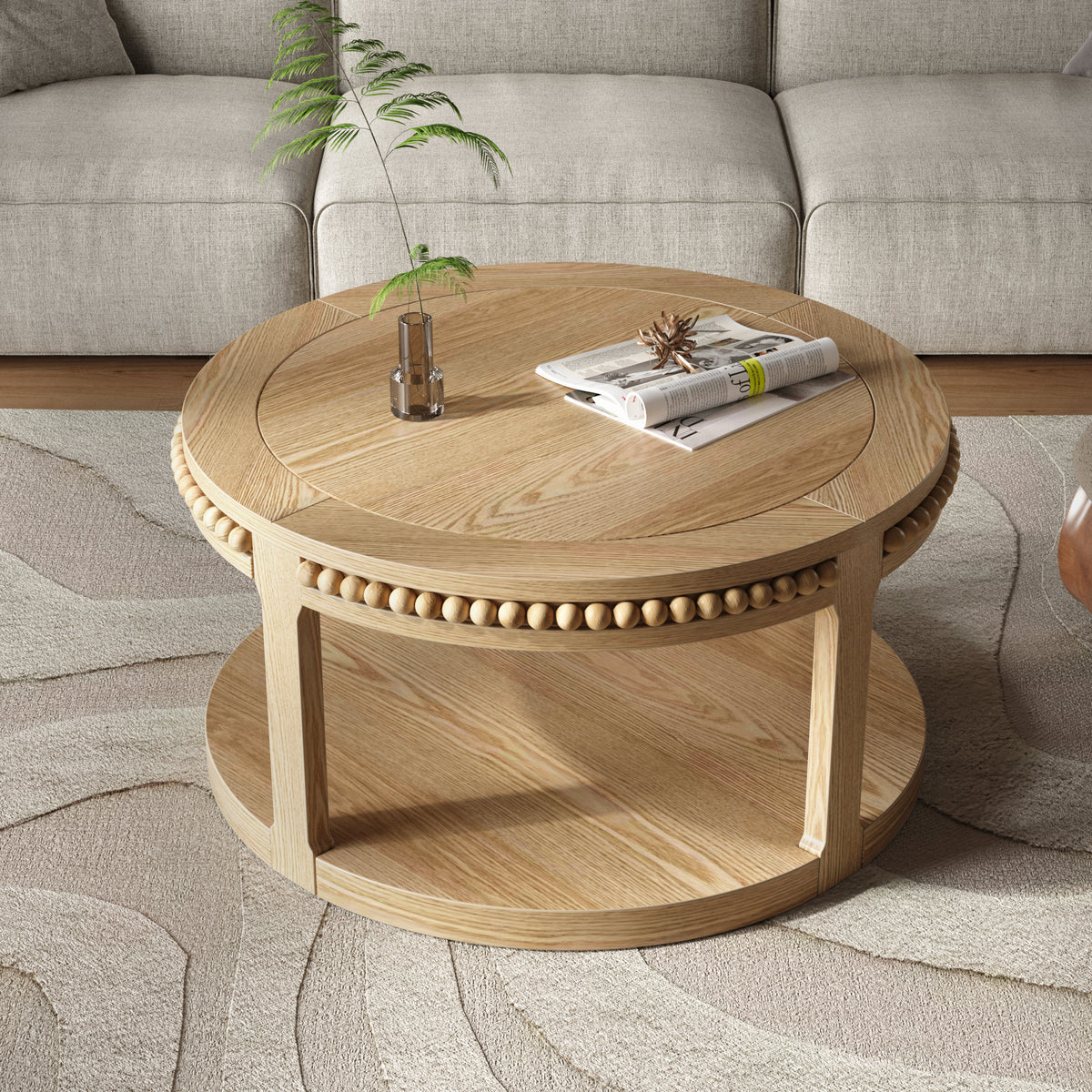 Natural Round Coffee Table with Storage, 31.5 in, 17.7 in Tall